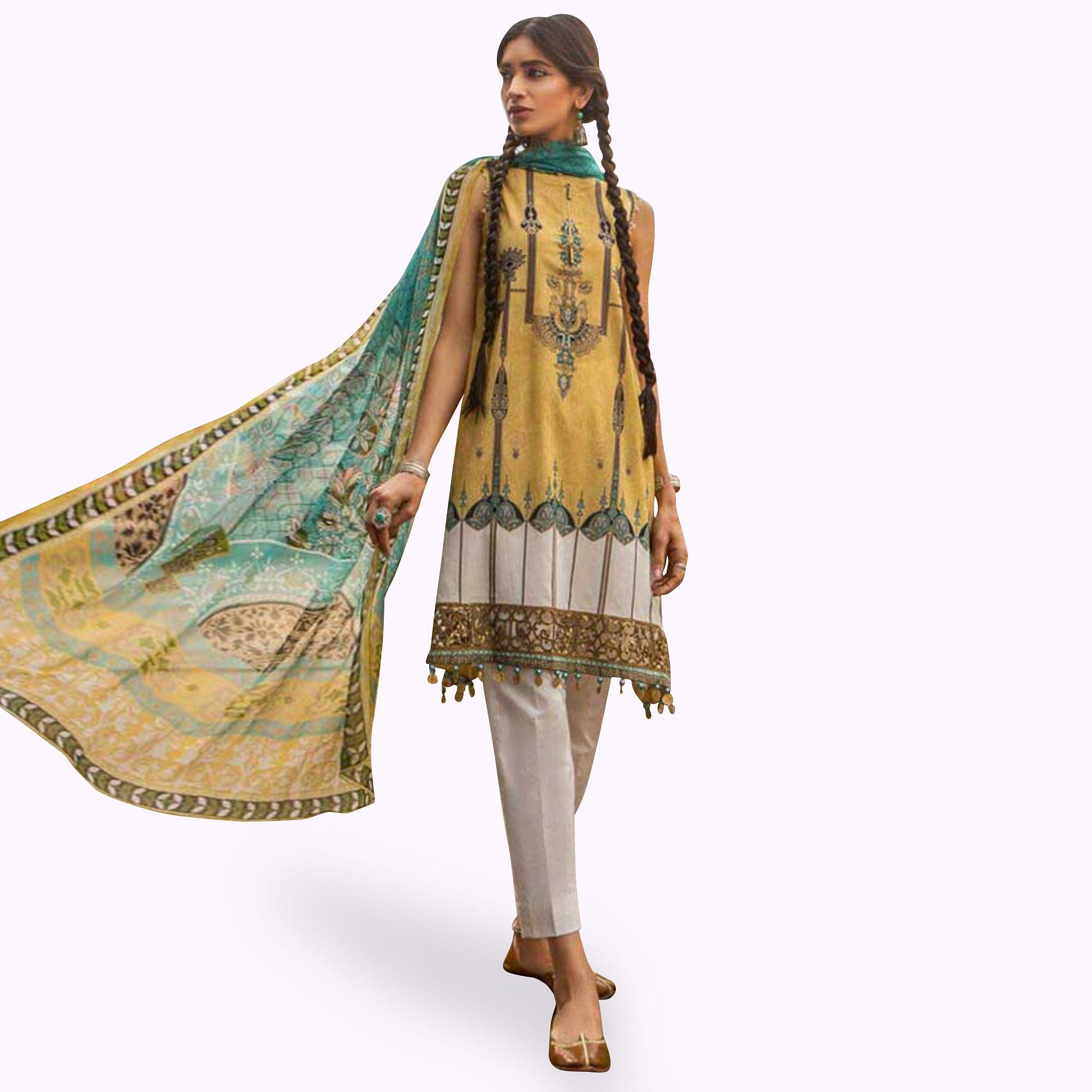 Marvellous Yellow Colored Partywear Embroidered Cotton Suit - Peachmode