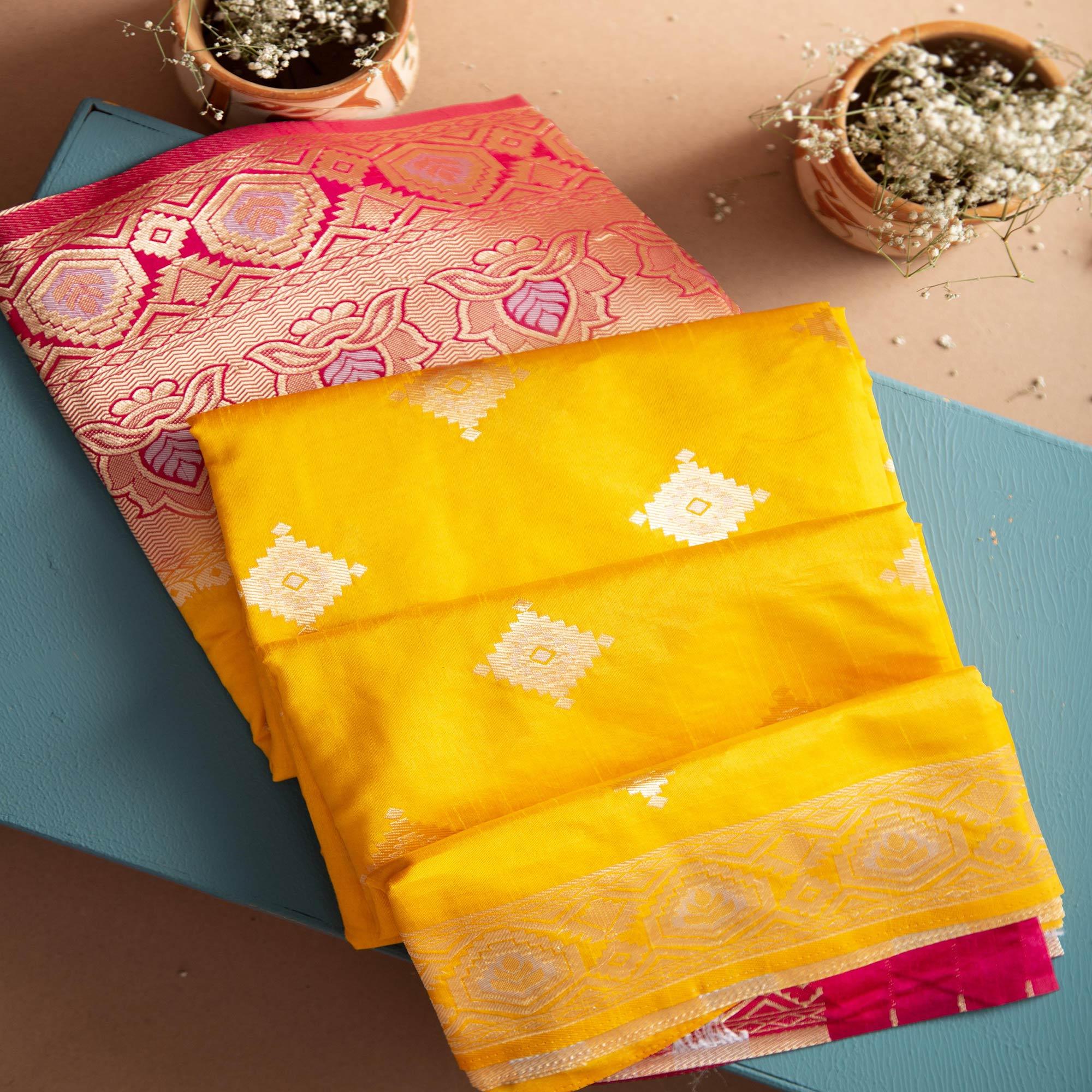 Marvellous Yellow Coloured Partywear Paithani Style Meenakari Weaving Doola Silk Saree - Peachmode