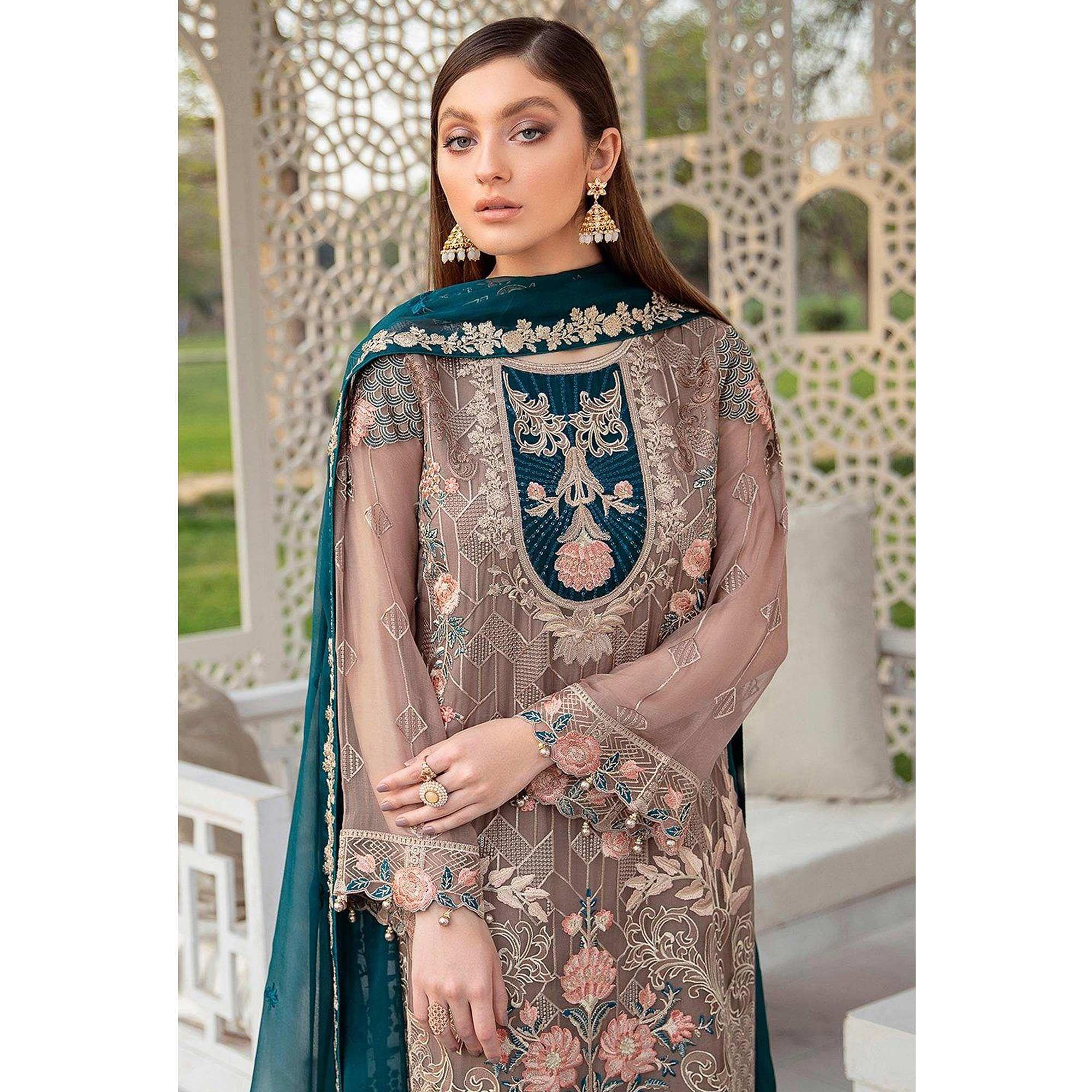Matalic Festive Wear Floral Embroidered Straight Style Faux Georgette Palazzo Suit - Peachmode