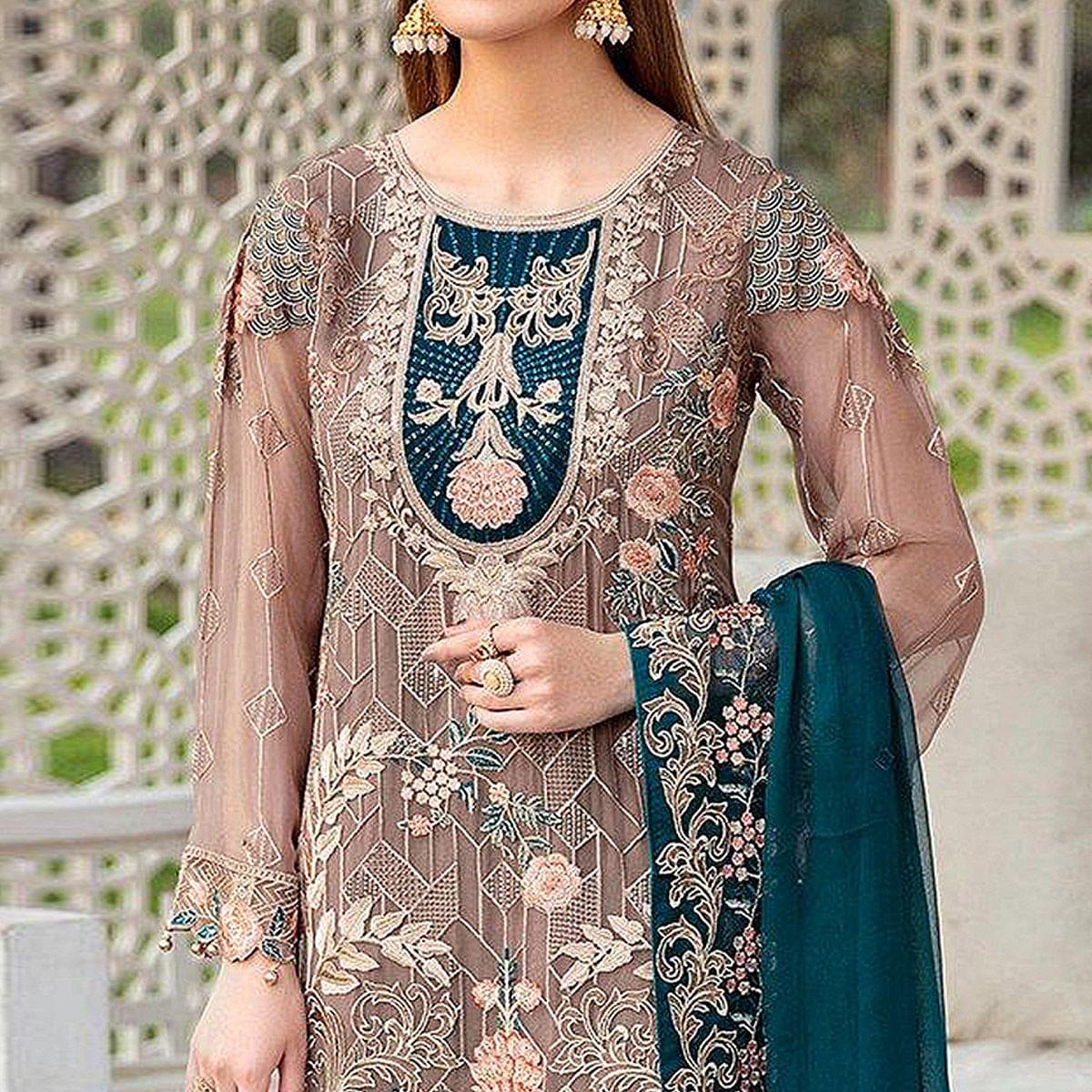 Matalic Festive Wear Floral Embroidered Straight Style Faux Georgette Palazzo Suit - Peachmode