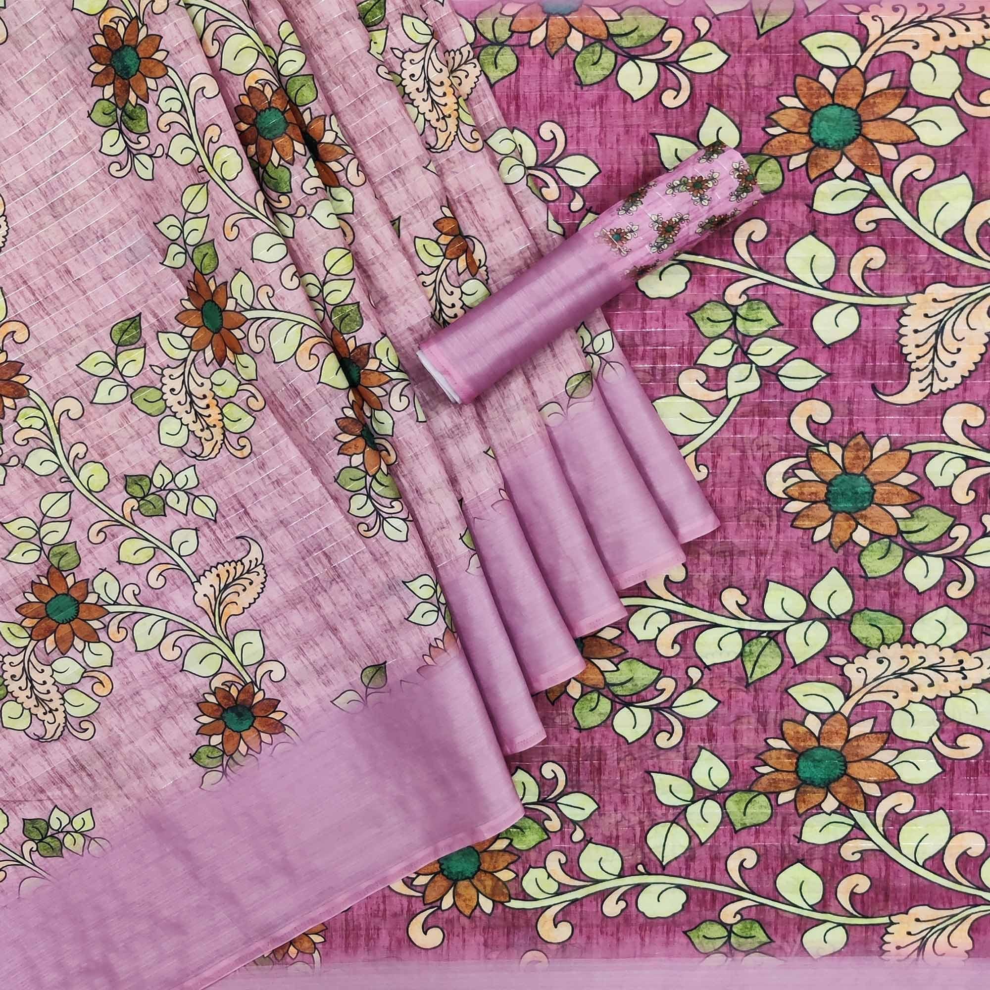 Mauve Casual Wear Digital Floral Printed Cotton Silk Saree - Peachmode