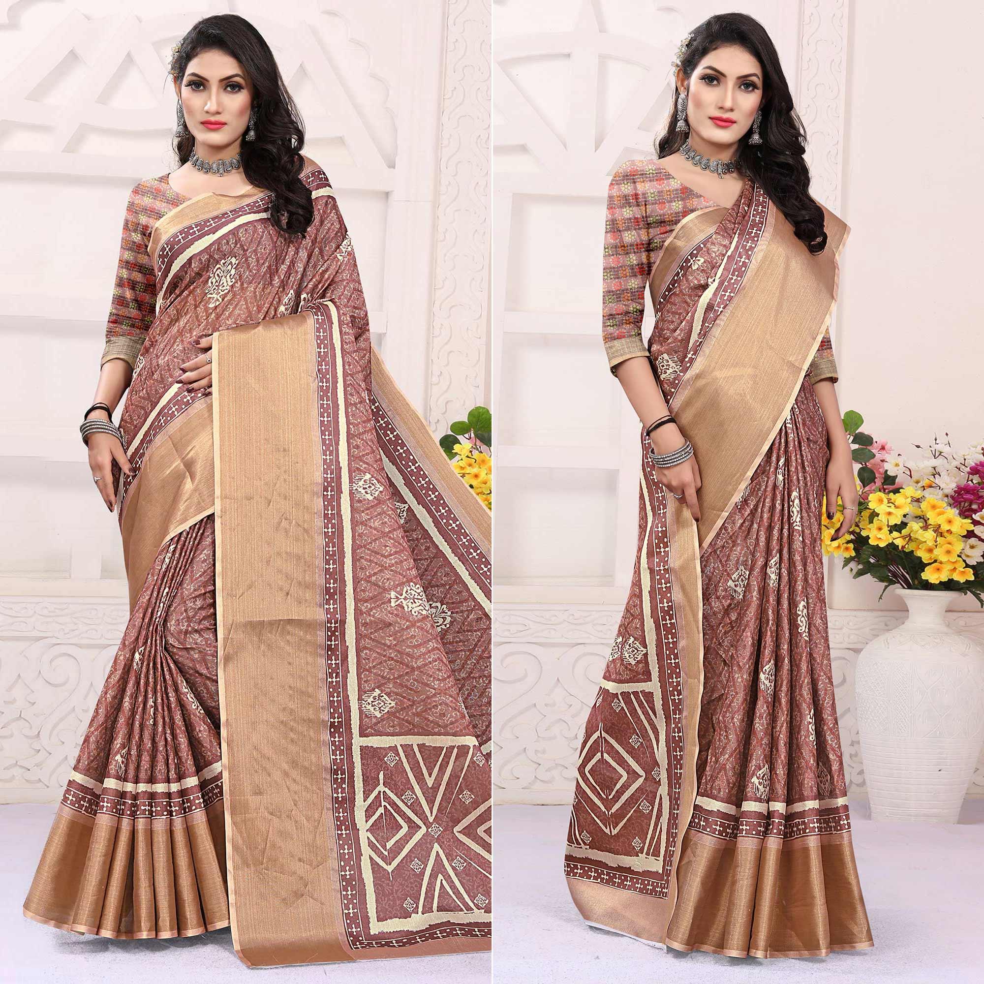 Mauve Casual Wear Digital Printed Cotton Silk Saree - Peachmode