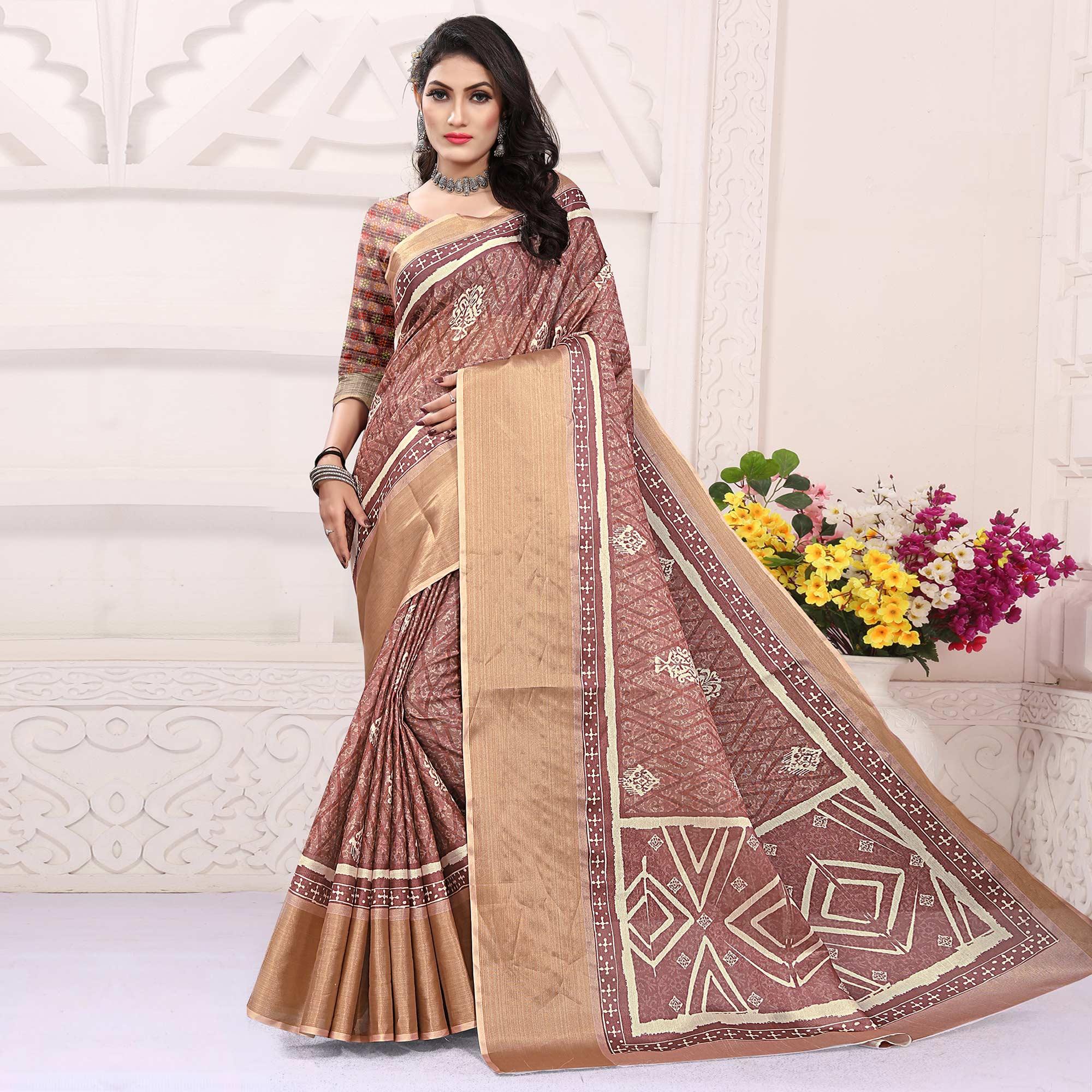 Mauve Casual Wear Digital Printed Cotton Silk Saree - Peachmode