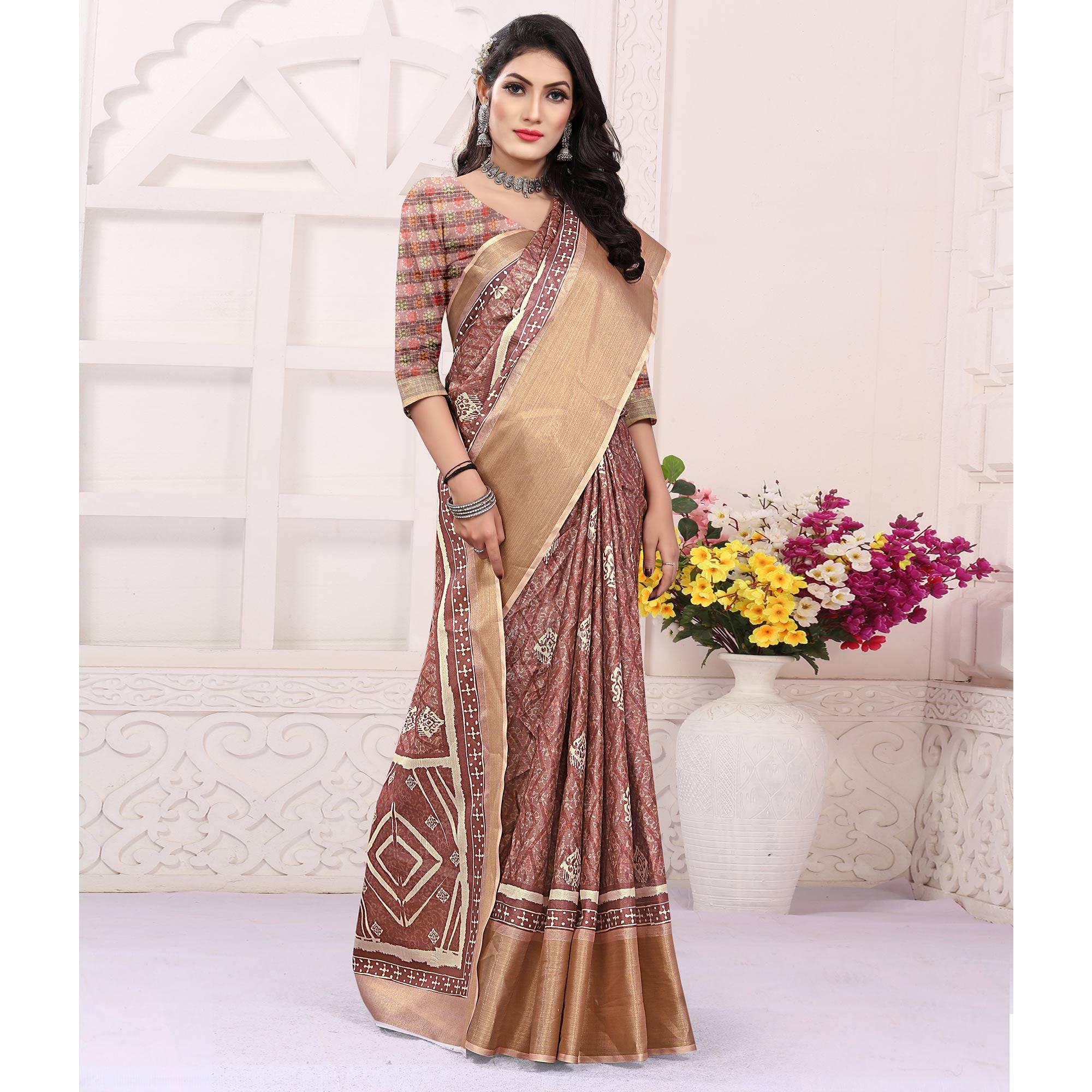 Mauve Casual Wear Digital Printed Cotton Silk Saree - Peachmode