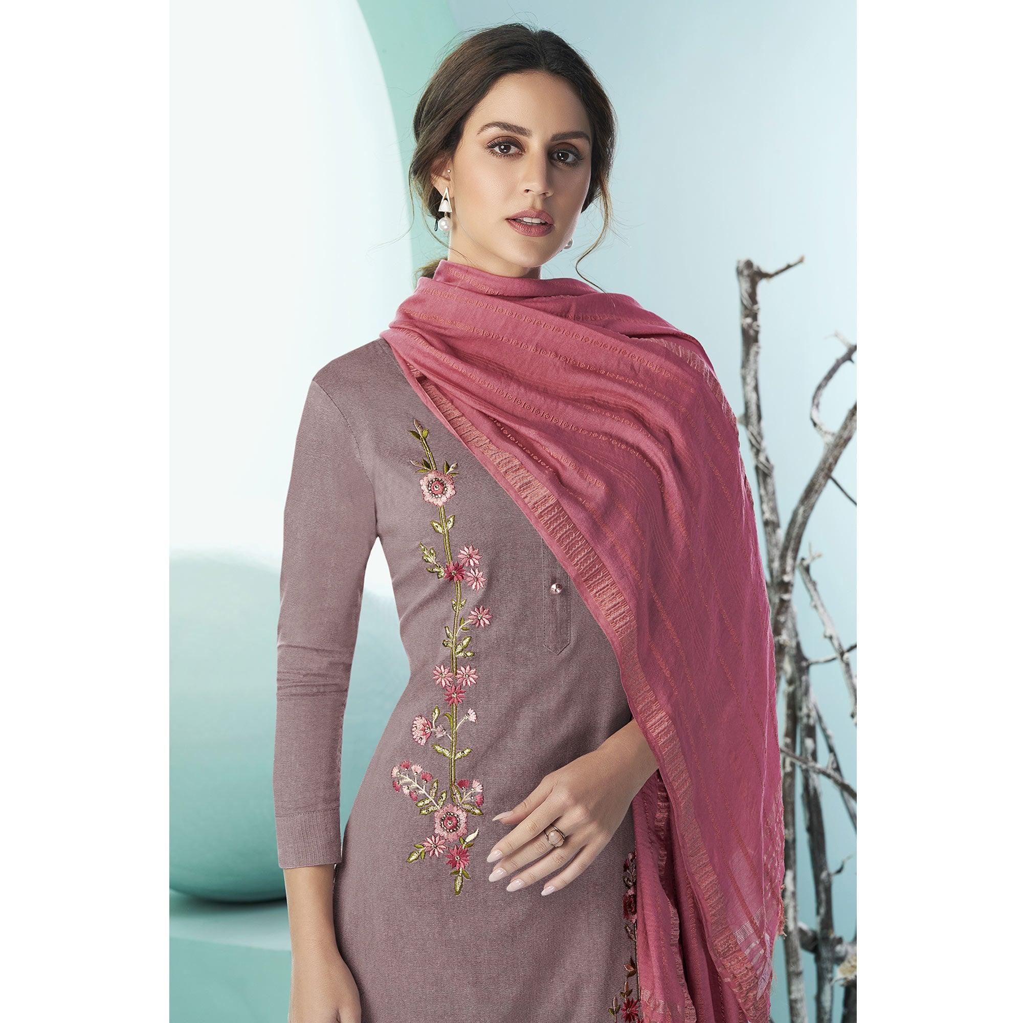 Mauve Casual Wear Embroidered Cotton Suit - Peachmode