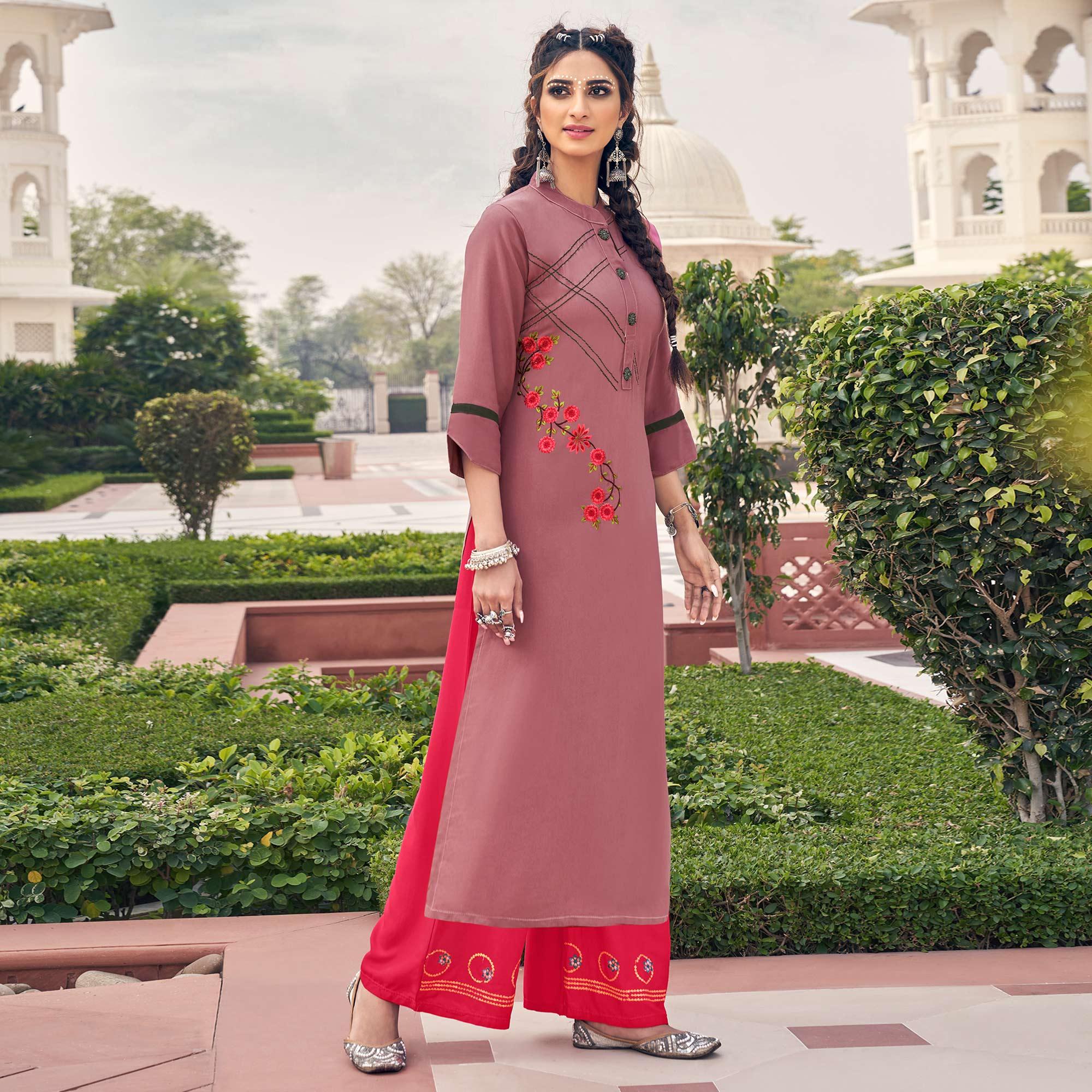 Mauve Casual Wear Embroidered Heavy Rayon Kurti - Palazzo Set - Peachmode