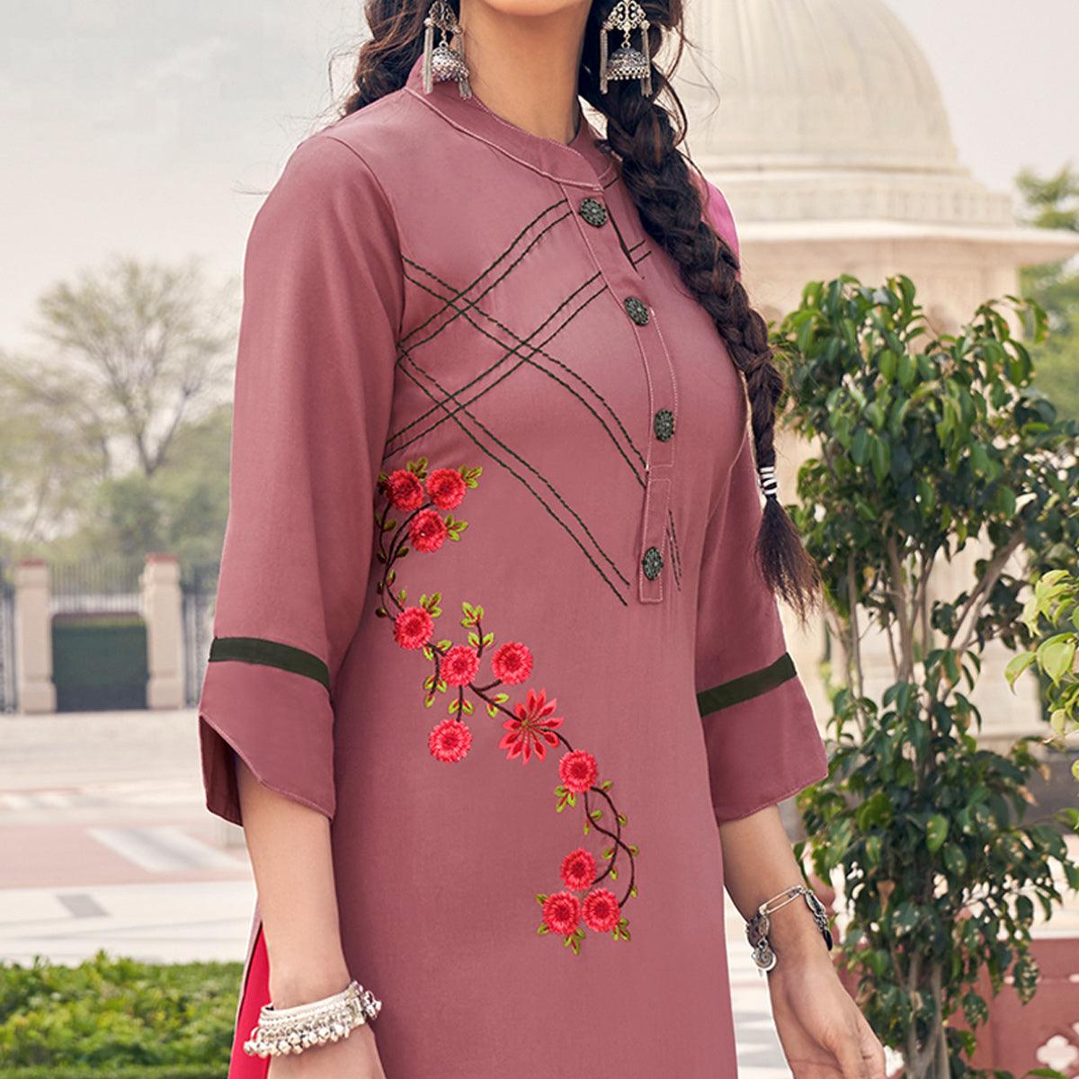 Mauve Casual Wear Embroidered Heavy Rayon Kurti - Palazzo Set - Peachmode