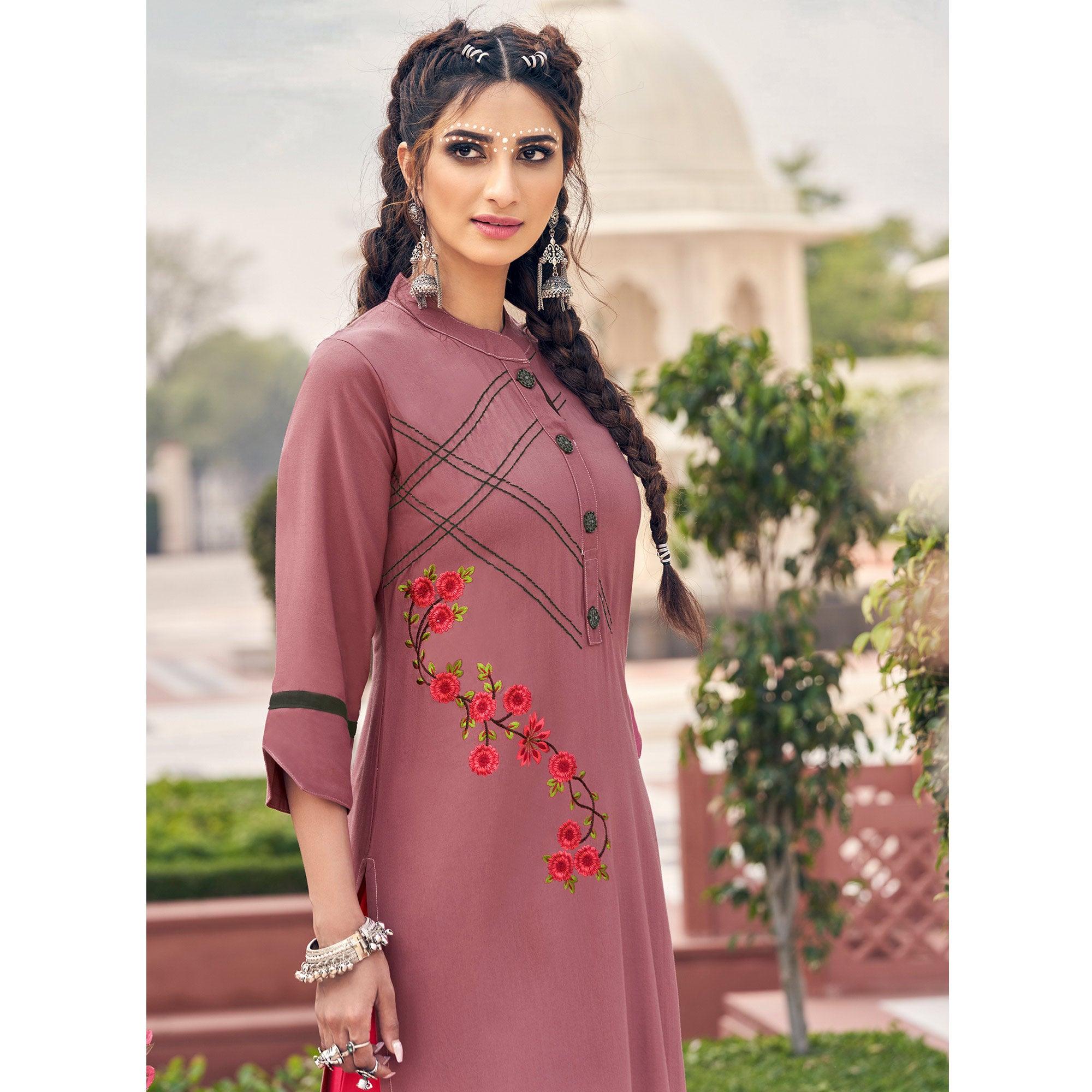 Mauve Casual Wear Embroidered Heavy Rayon Kurti - Palazzo Set - Peachmode