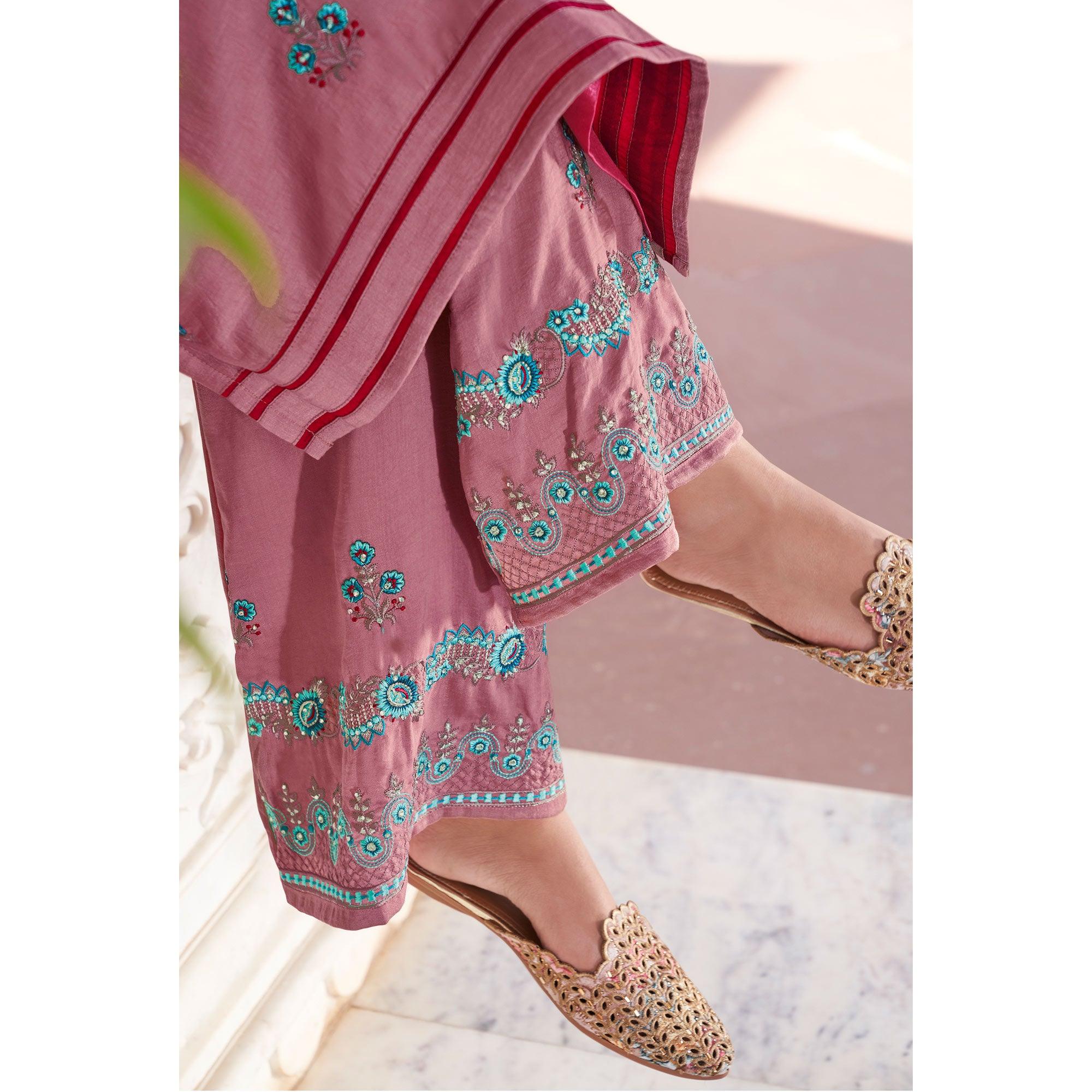 Mauve Casual Wear Embroidered Pure Modal Viscose Palazzo Suit - Peachmode