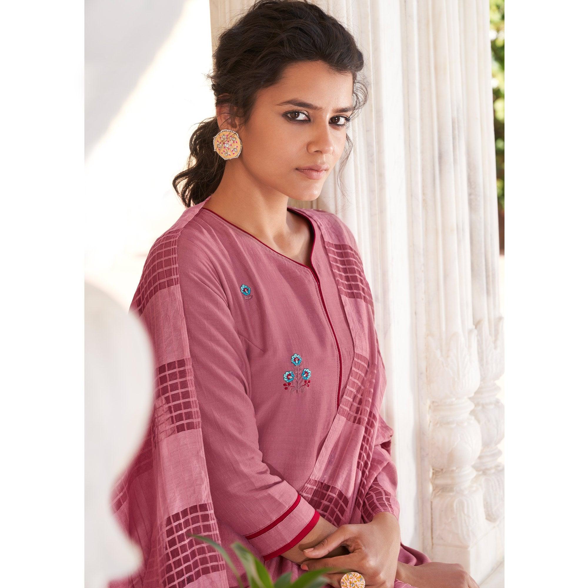 Mauve Casual Wear Embroidered Pure Modal Viscose Palazzo Suit - Peachmode