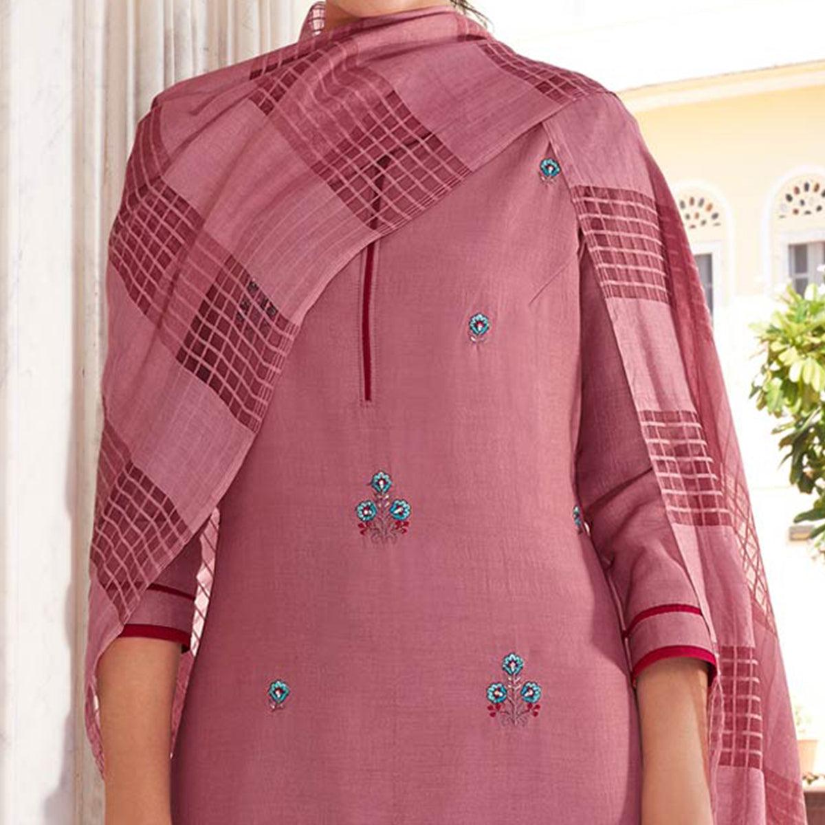 Mauve Casual Wear Embroidered Pure Modal Viscose Palazzo Suit - Peachmode