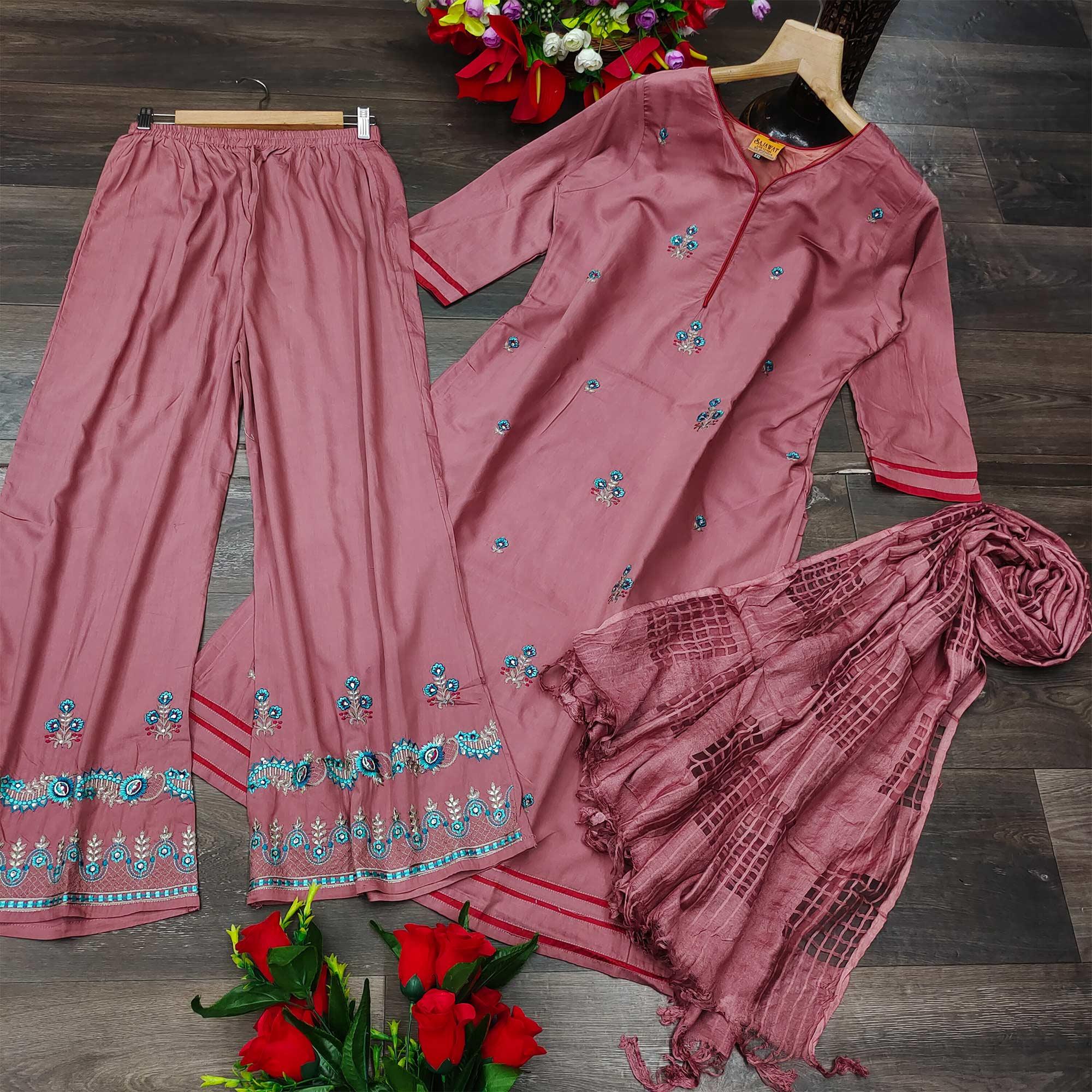 Mauve Casual Wear Embroidered Pure Modal Viscose Palazzo Suit - Peachmode