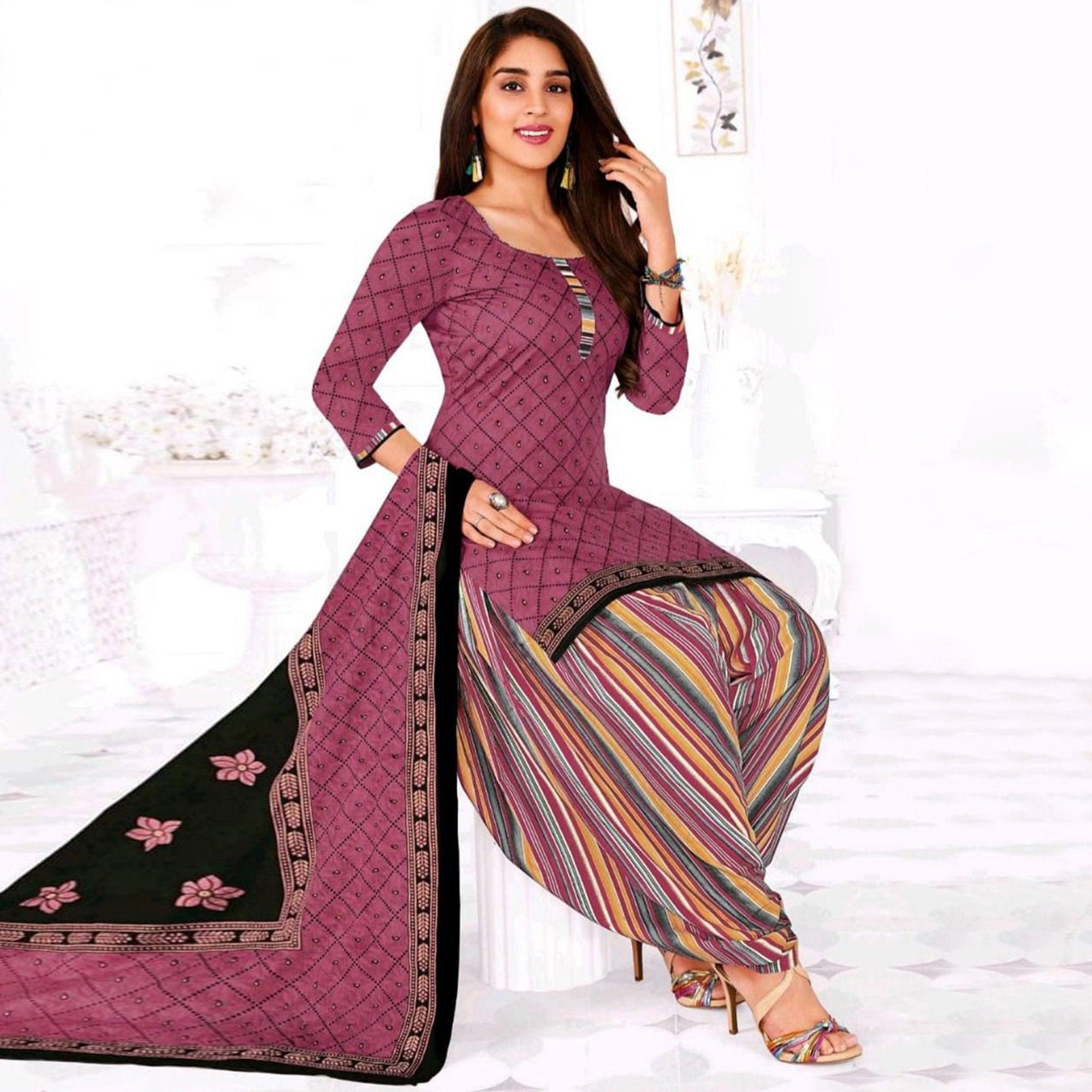 Mauve Casual Wear Printed Leon Patiala Dress Material - Peachmode