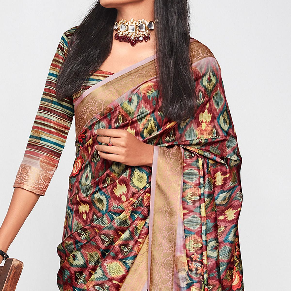 Mauve Casual Wear Printed Soft Art Silk Saree - Peachmode