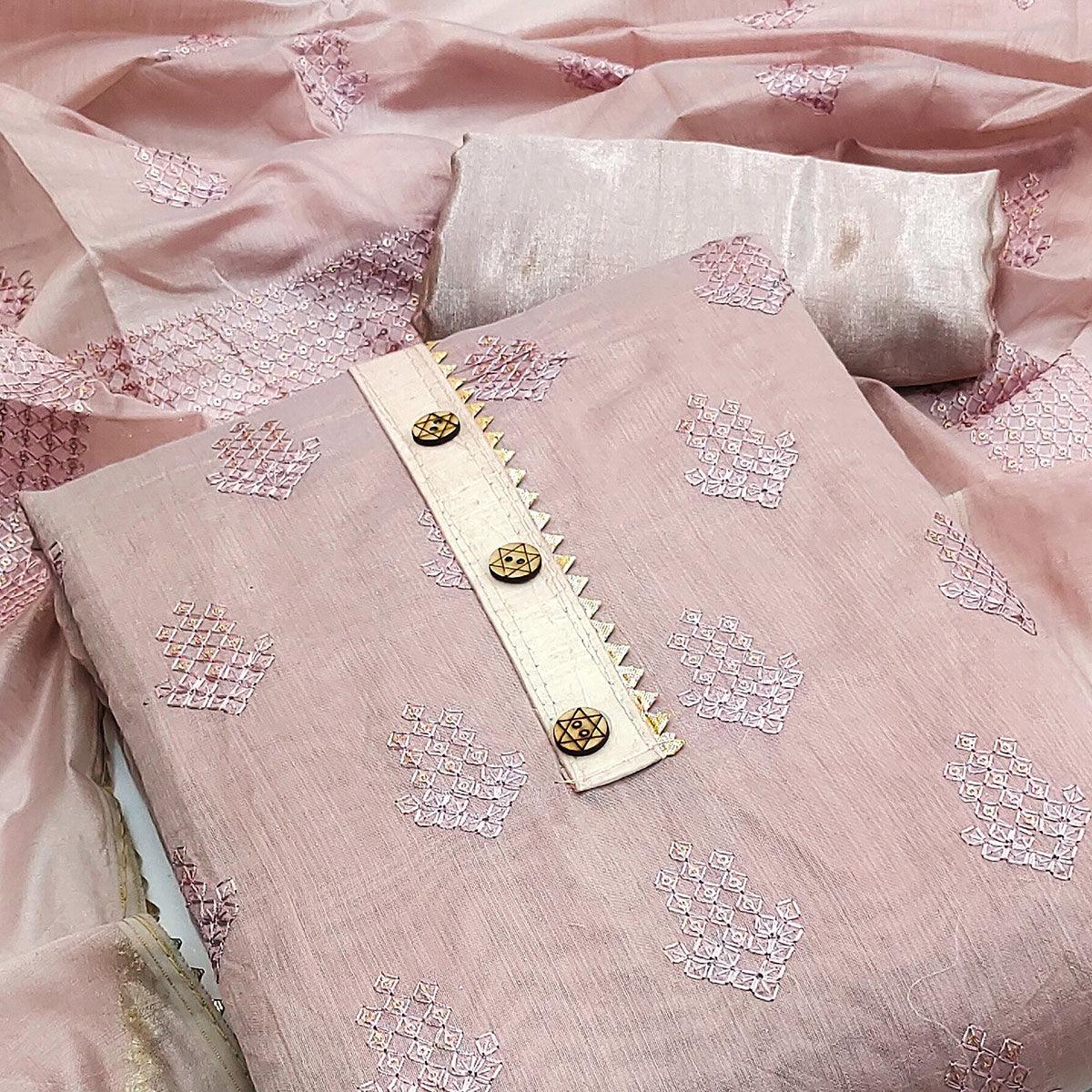 Mauve Casual Wear Sequence Embroidered Chanderi Dress Material - Peachmode