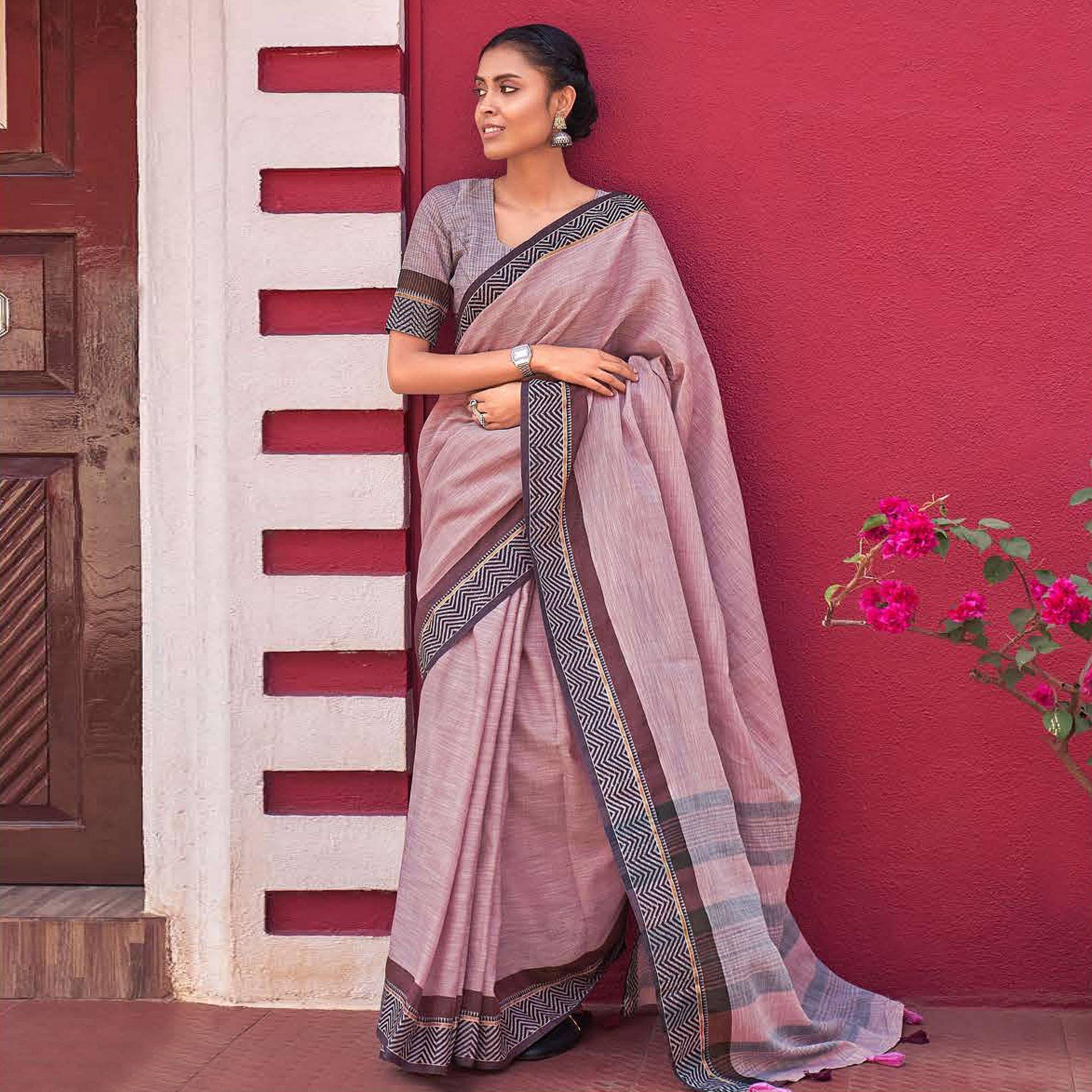 Mauve Casual Wear Solid Linen Saree - Peachmode