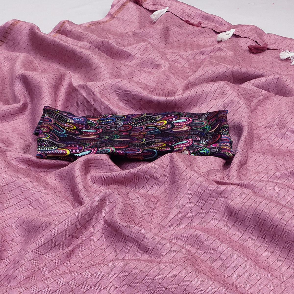 Mauve Checks Printed Jute Saree - Peachmode