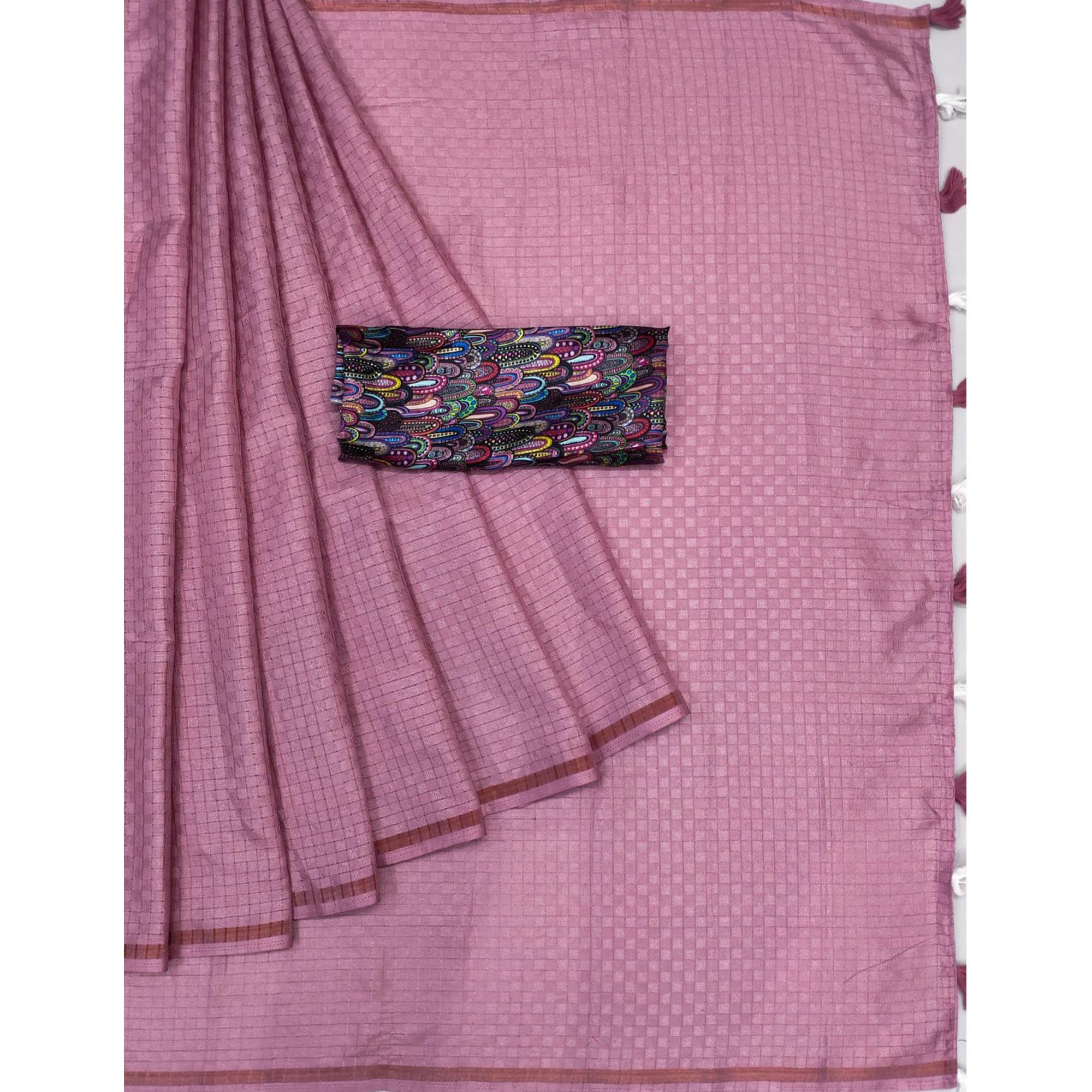 Mauve Checks Printed Jute Saree - Peachmode