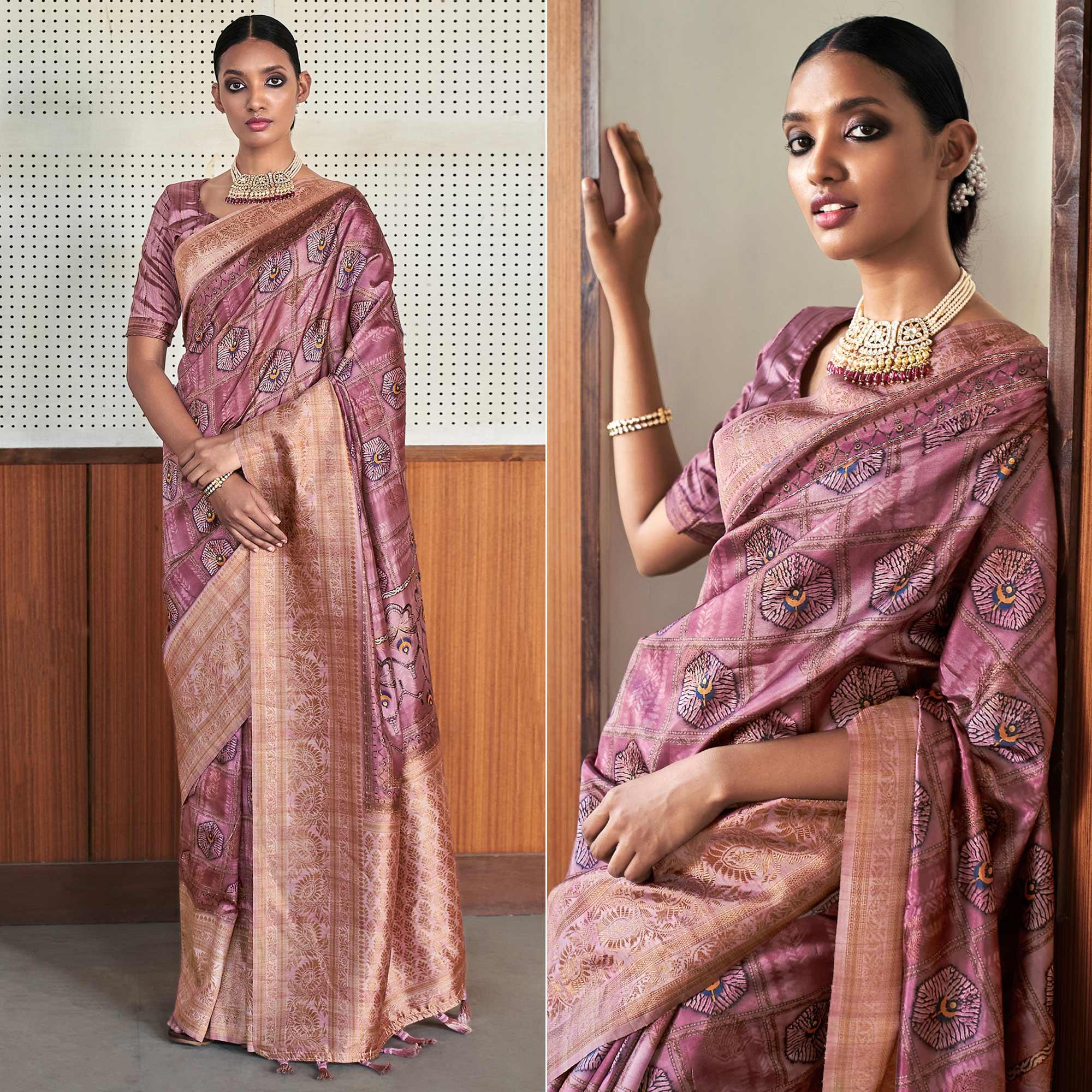 Mauve Digital Printed Art Silk Saree With Tassels - Peachmode