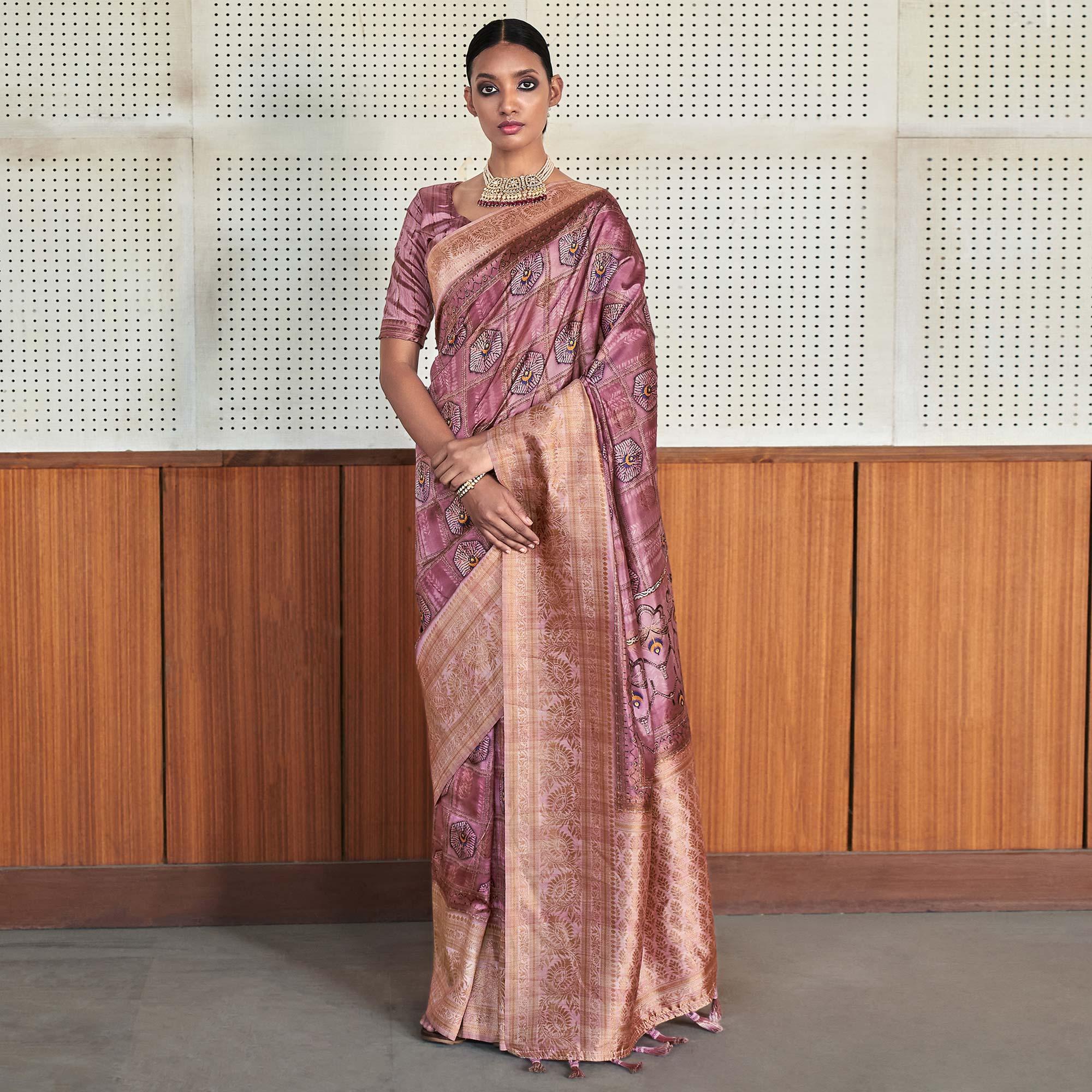 Mauve Digital Printed Art Silk Saree With Tassels - Peachmode