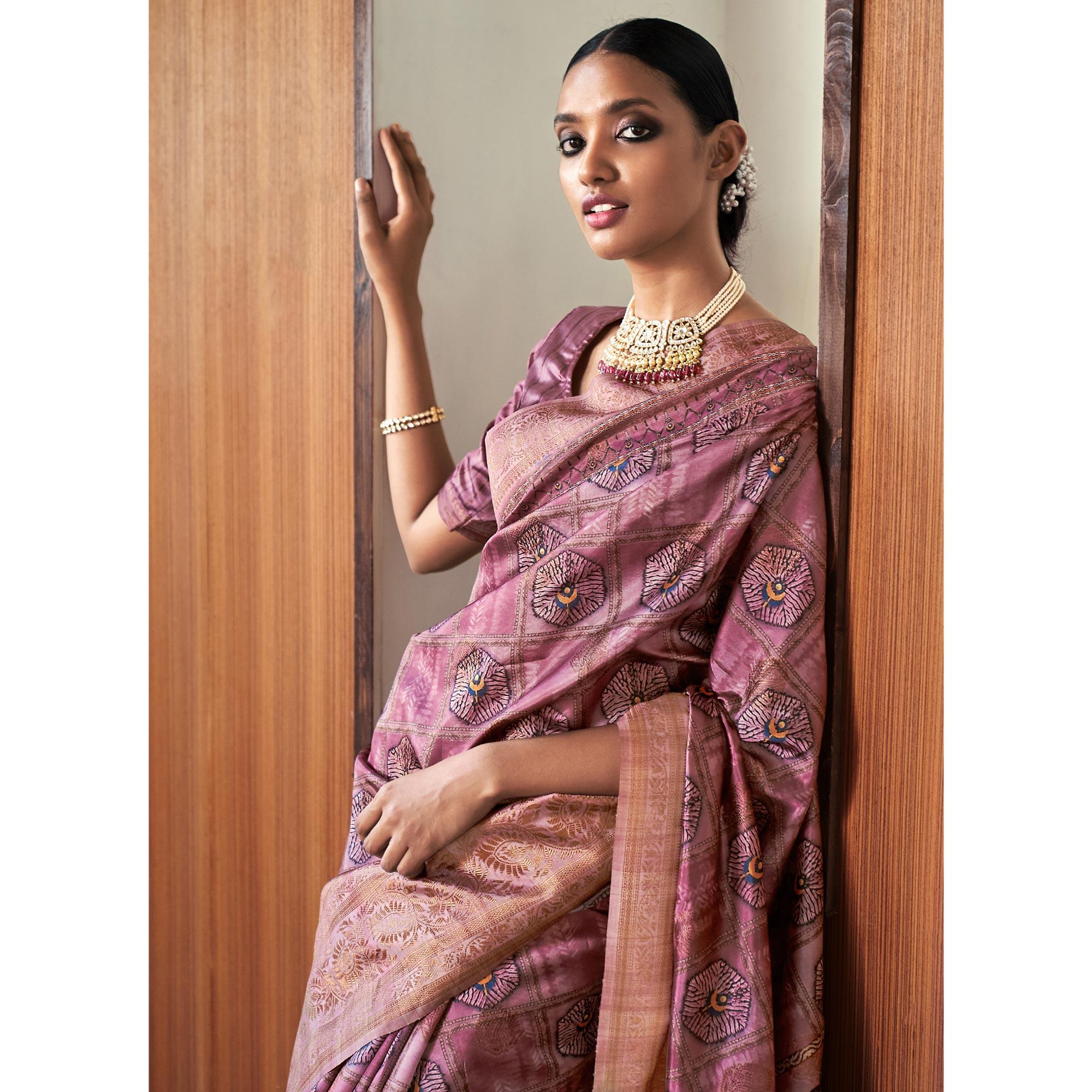 Mauve Digital Printed Art Silk Saree With Tassels - Peachmode