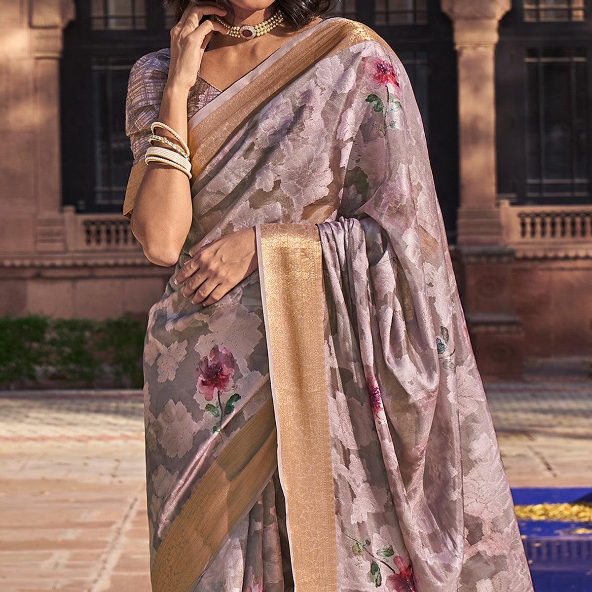 Mauve Digital Printed Poly Cotton Saree - Peachmode