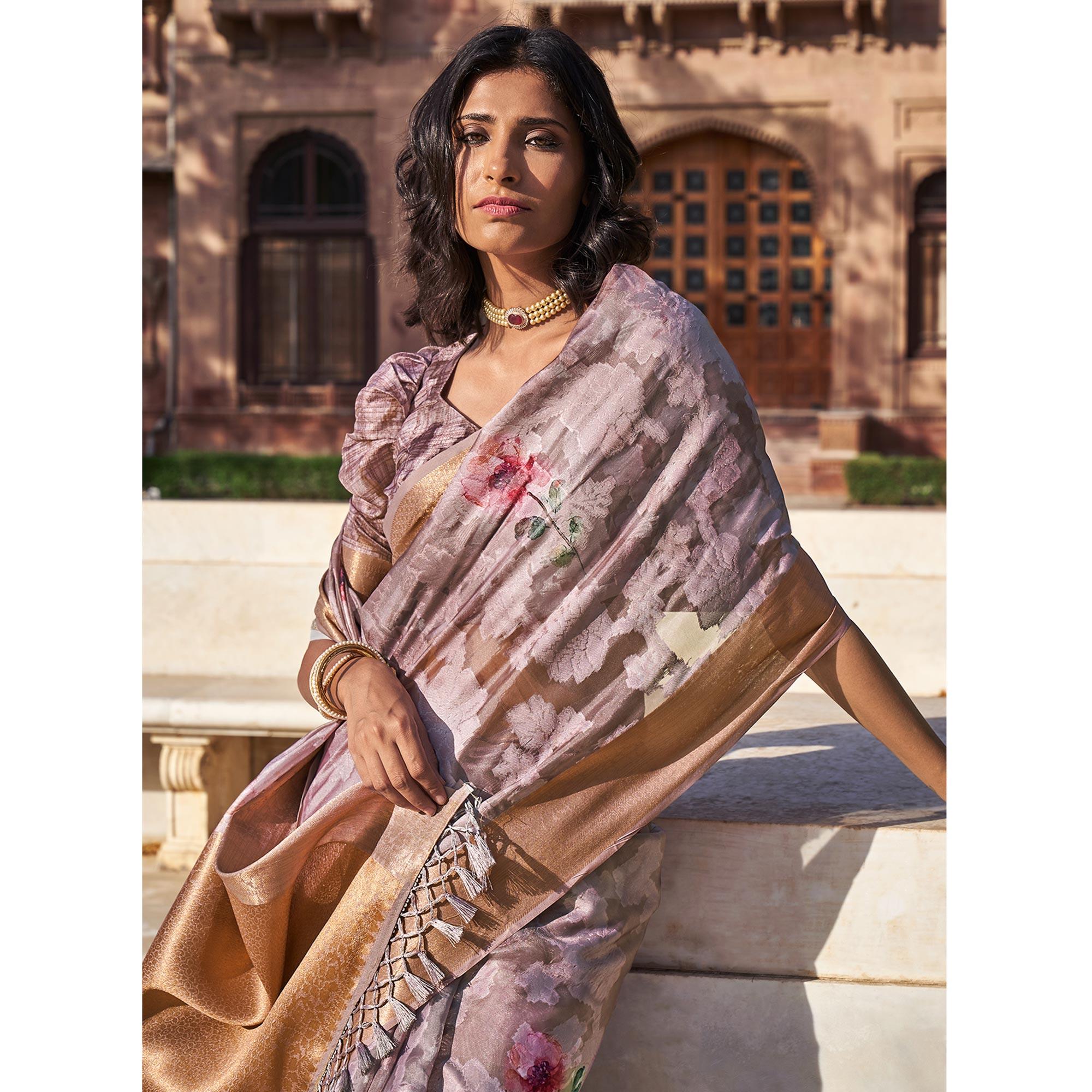 Mauve Digital Printed Poly Cotton Saree - Peachmode