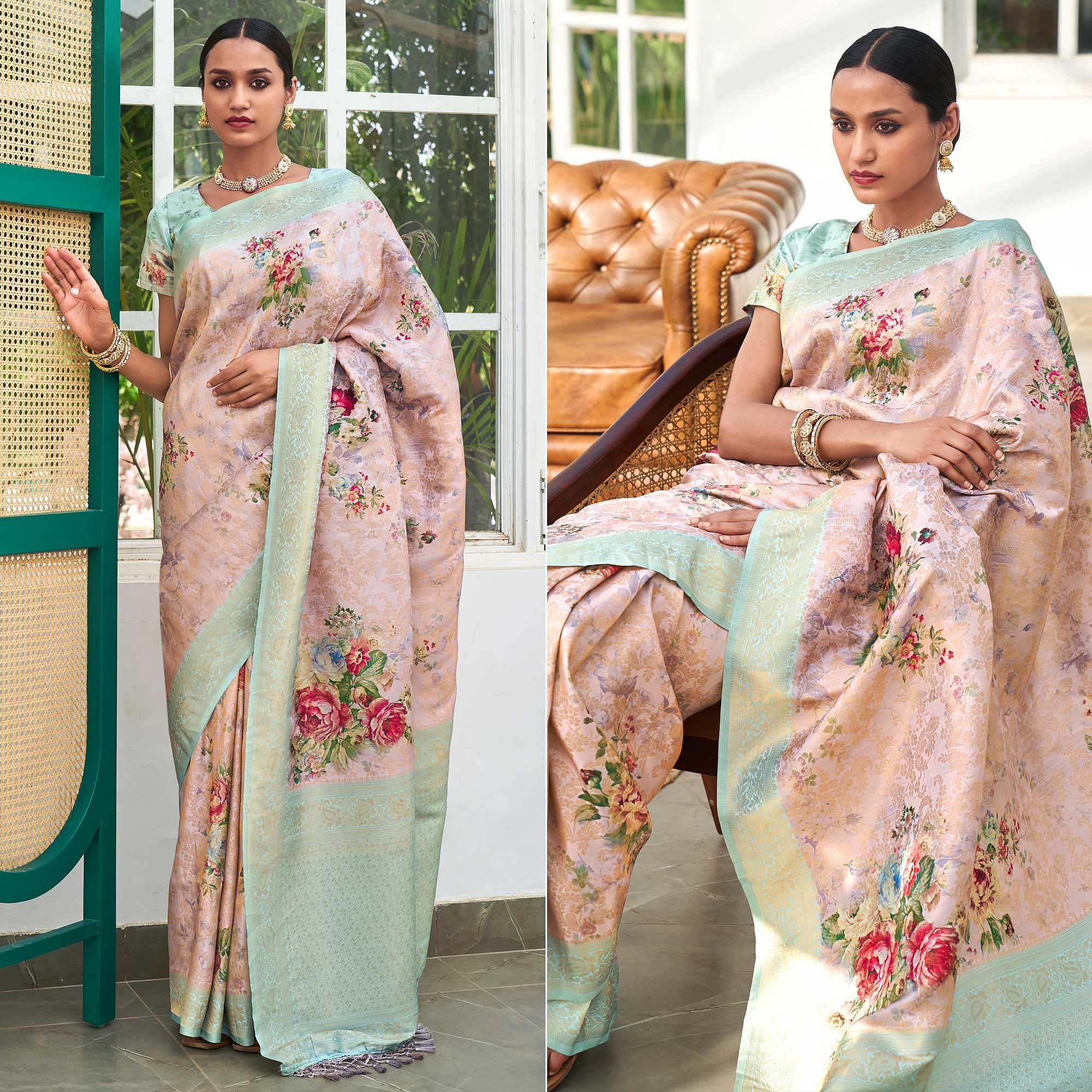 Mauve Digital Printed Pure Silk Saree With Tassels - Peachmode