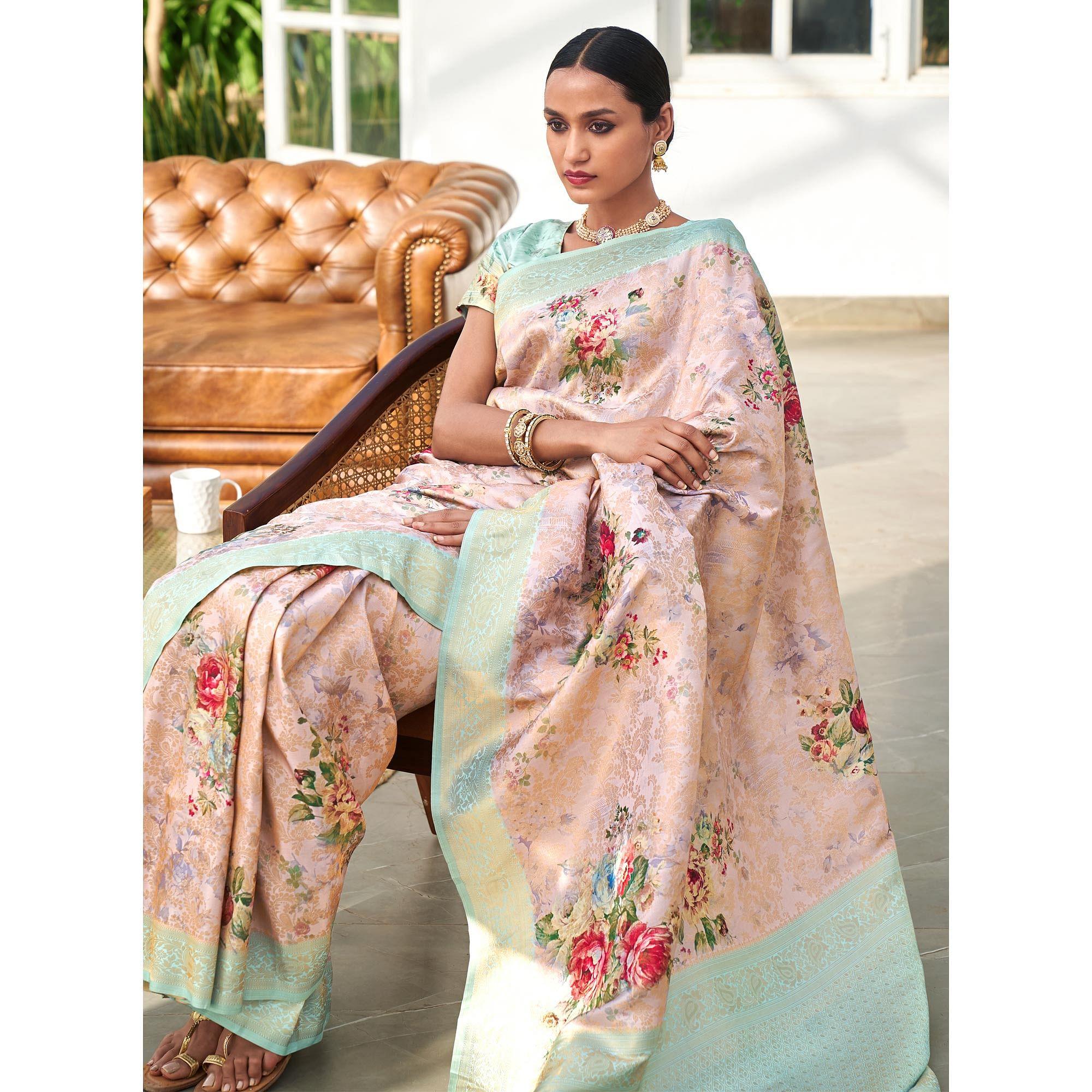 Mauve Digital Printed Pure Silk Saree With Tassels - Peachmode