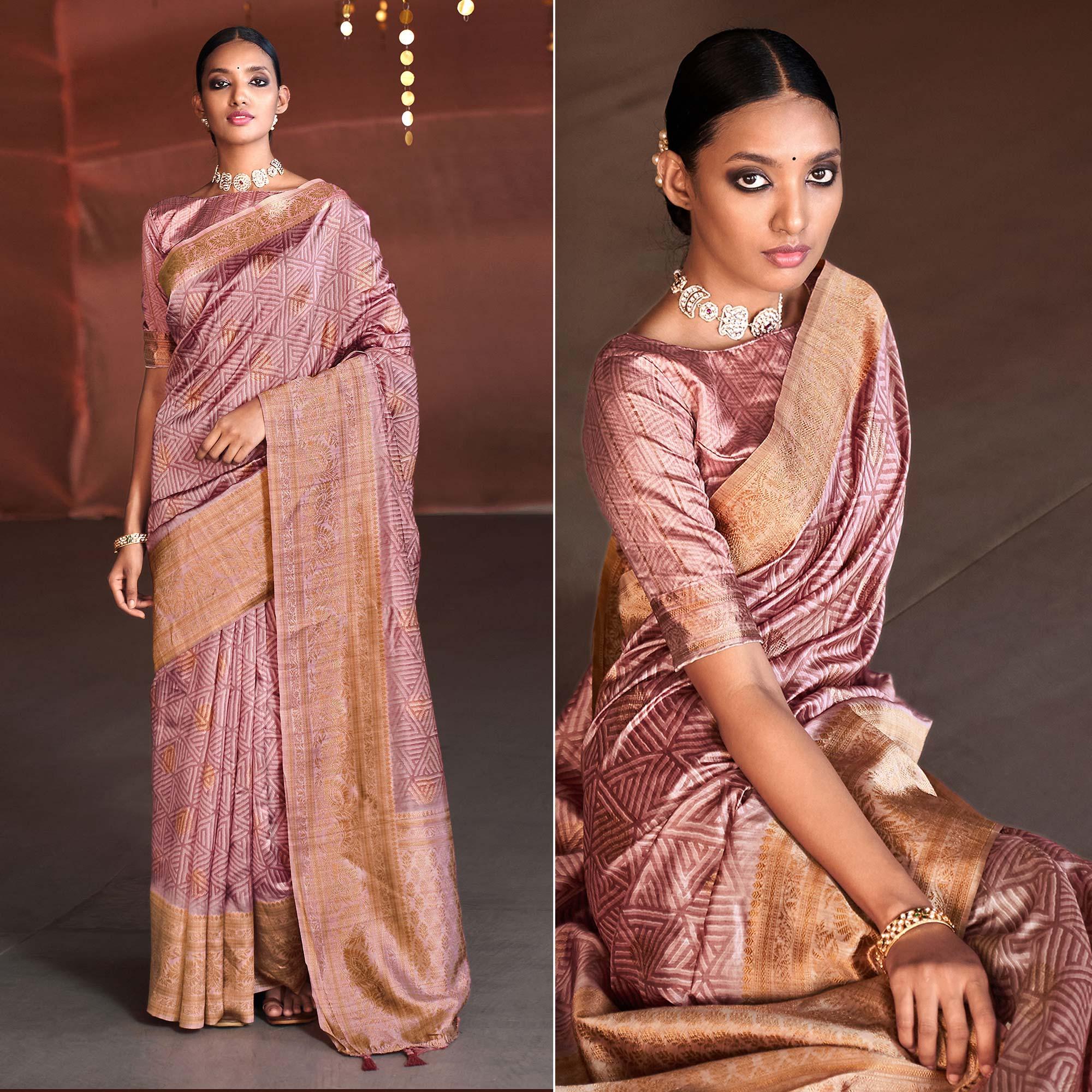 Mauve Digital Printed With Woven Border Art Silk Saree - Peachmode