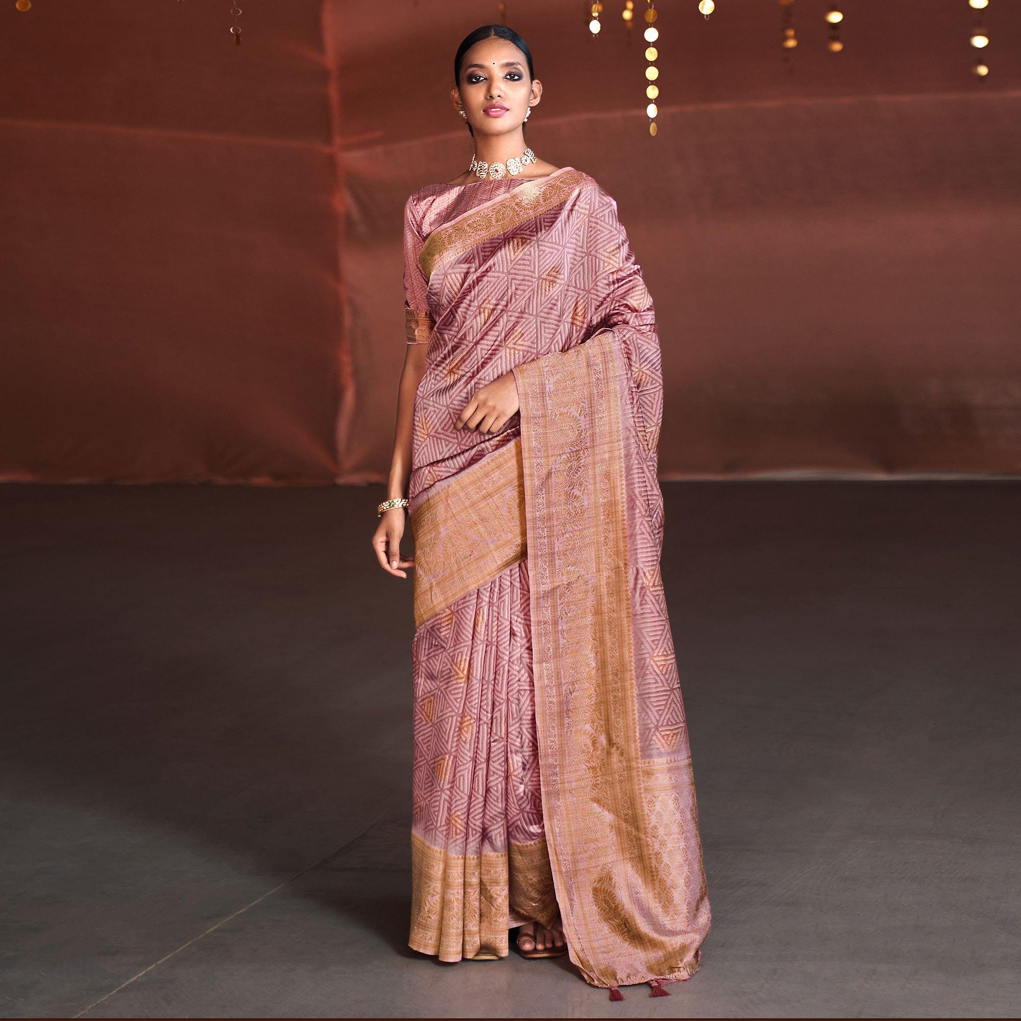 Mauve Digital Printed With Woven Border Art Silk Saree - Peachmode