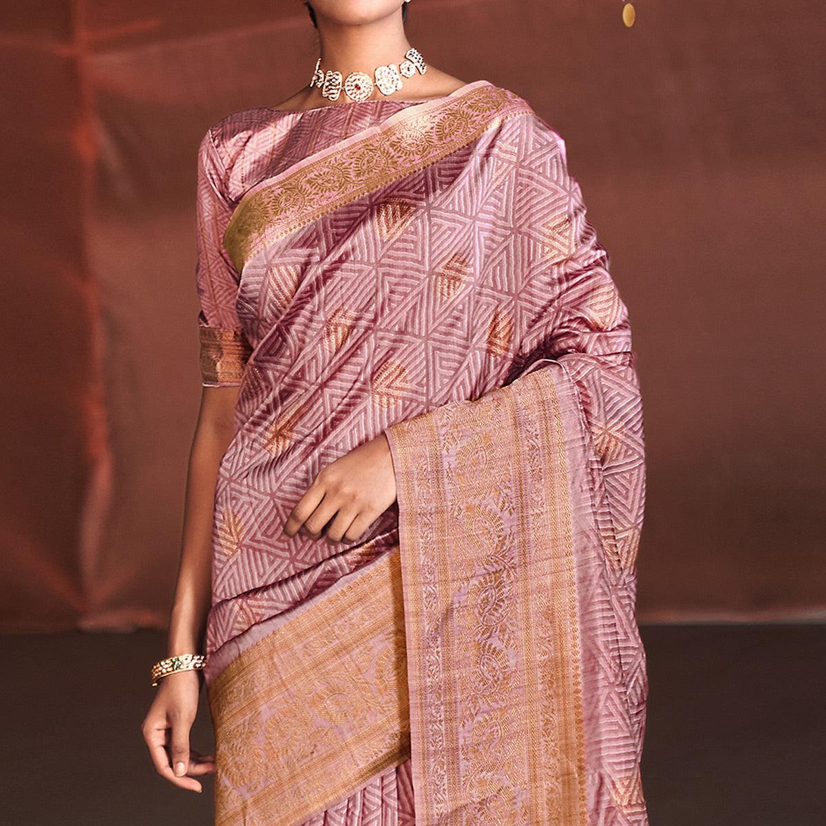 Mauve Digital Printed With Woven Border Art Silk Saree - Peachmode