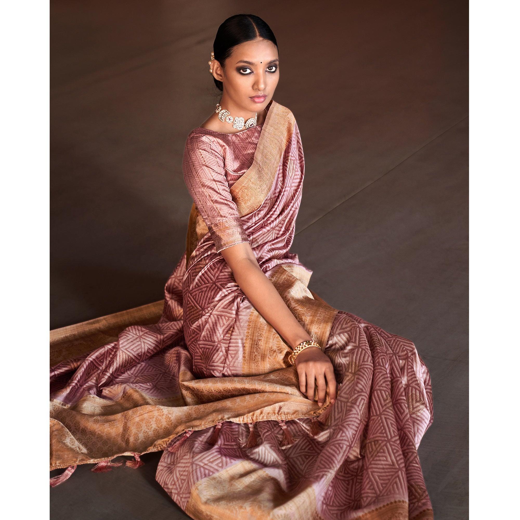 Mauve Digital Printed With Woven Border Art Silk Saree - Peachmode