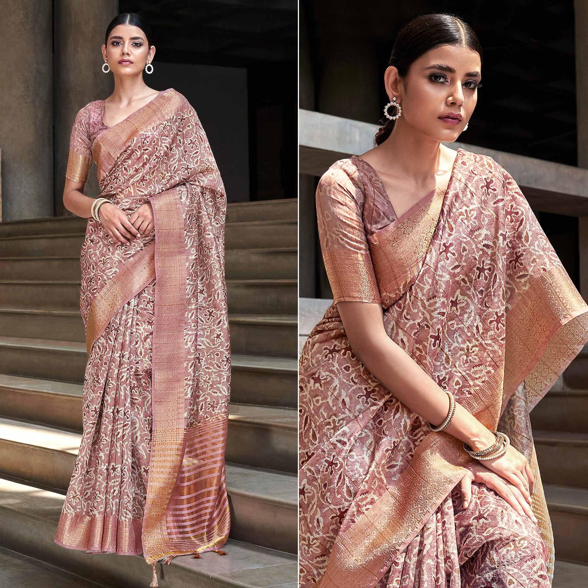 Mauve Digital Printed-Woven Art Silk Saree With Tassels - Peachmode