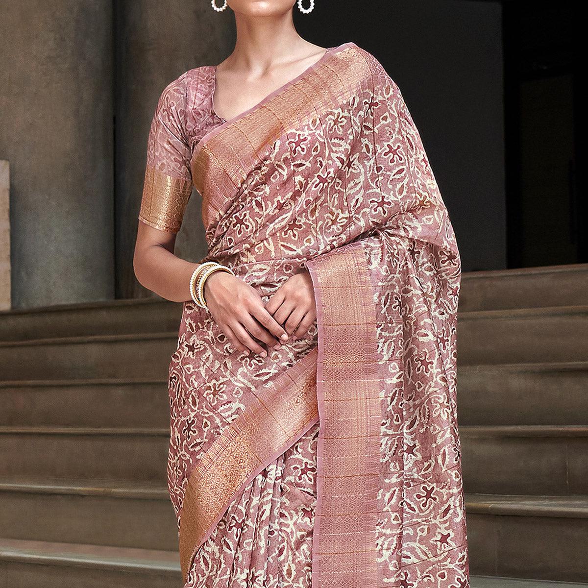 Mauve Digital Printed-Woven Art Silk Saree With Tassels - Peachmode