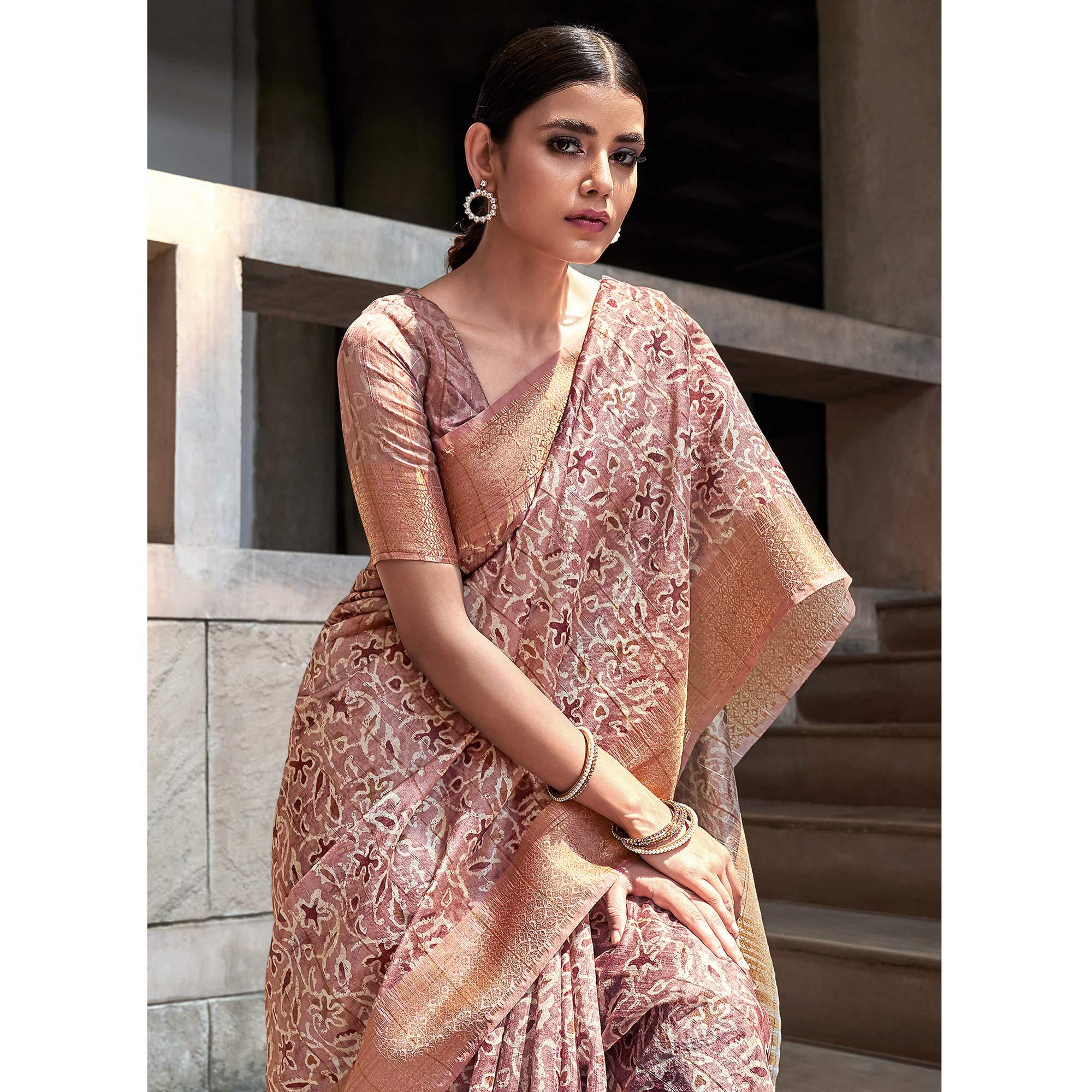 Mauve Digital Printed-Woven Art Silk Saree With Tassels - Peachmode