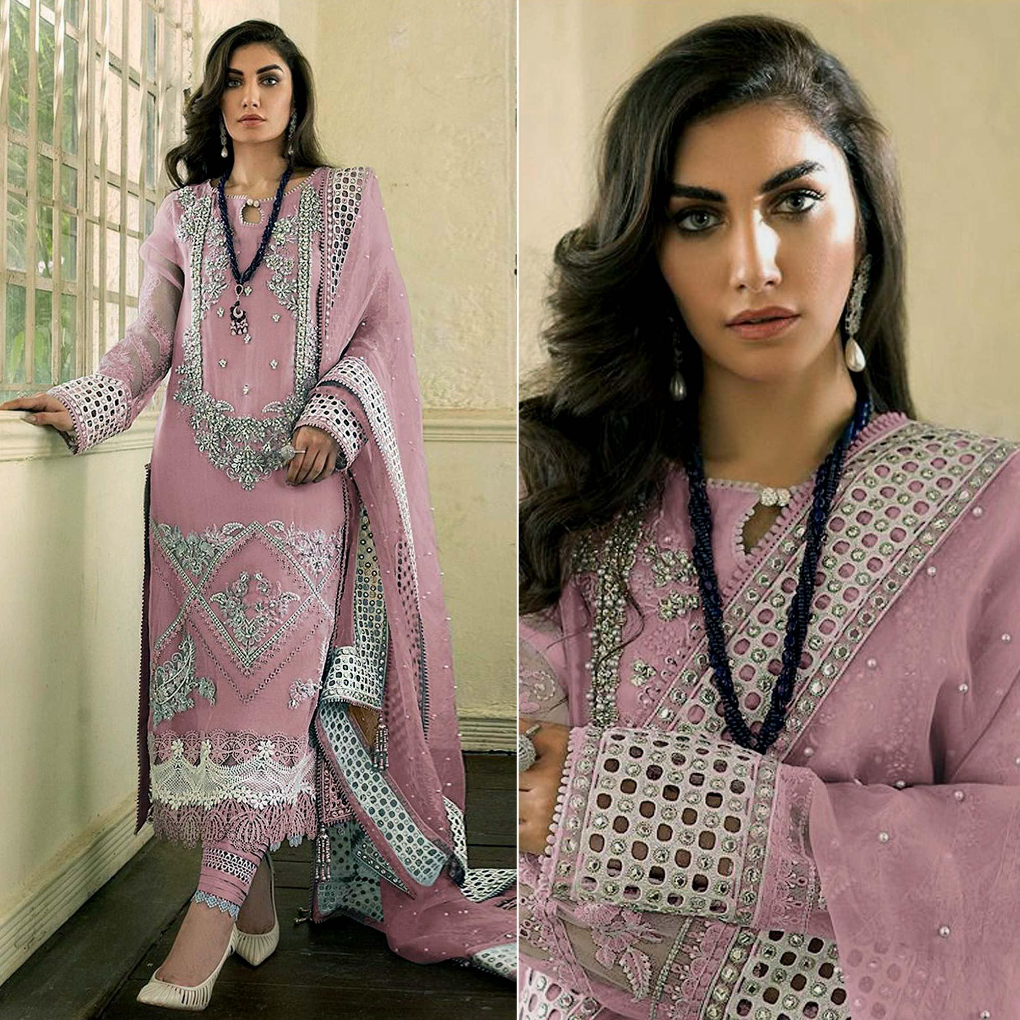 Mauve Embellished With Embroidered Georgette Pakistani Suit - Peachmode