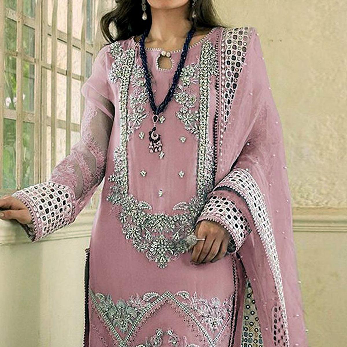 Mauve Embellished With Embroidered Georgette Pakistani Suit - Peachmode