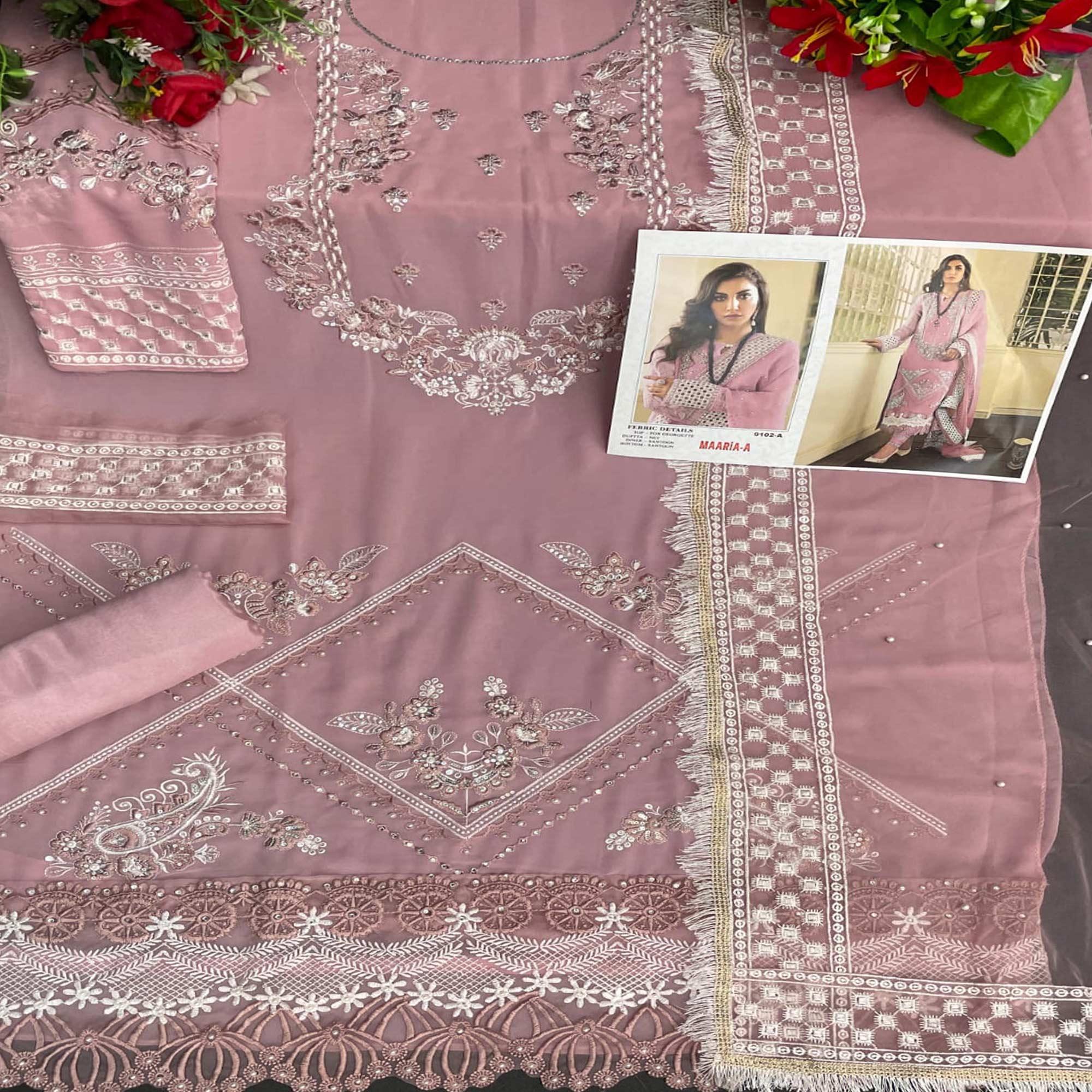 Mauve Embellished With Embroidered Georgette Pakistani Suit - Peachmode