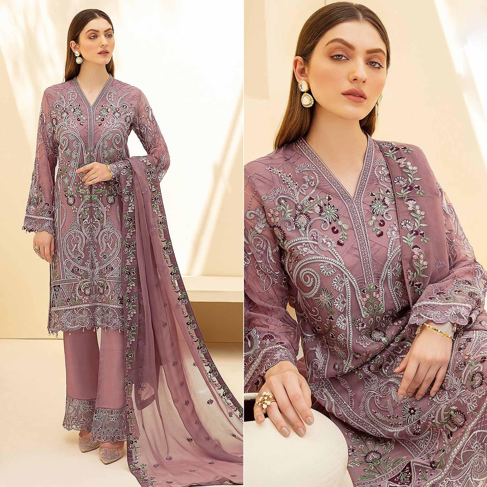 Mauve Embellished With Embroidered Georgette Palazzo Suit - Peachmode