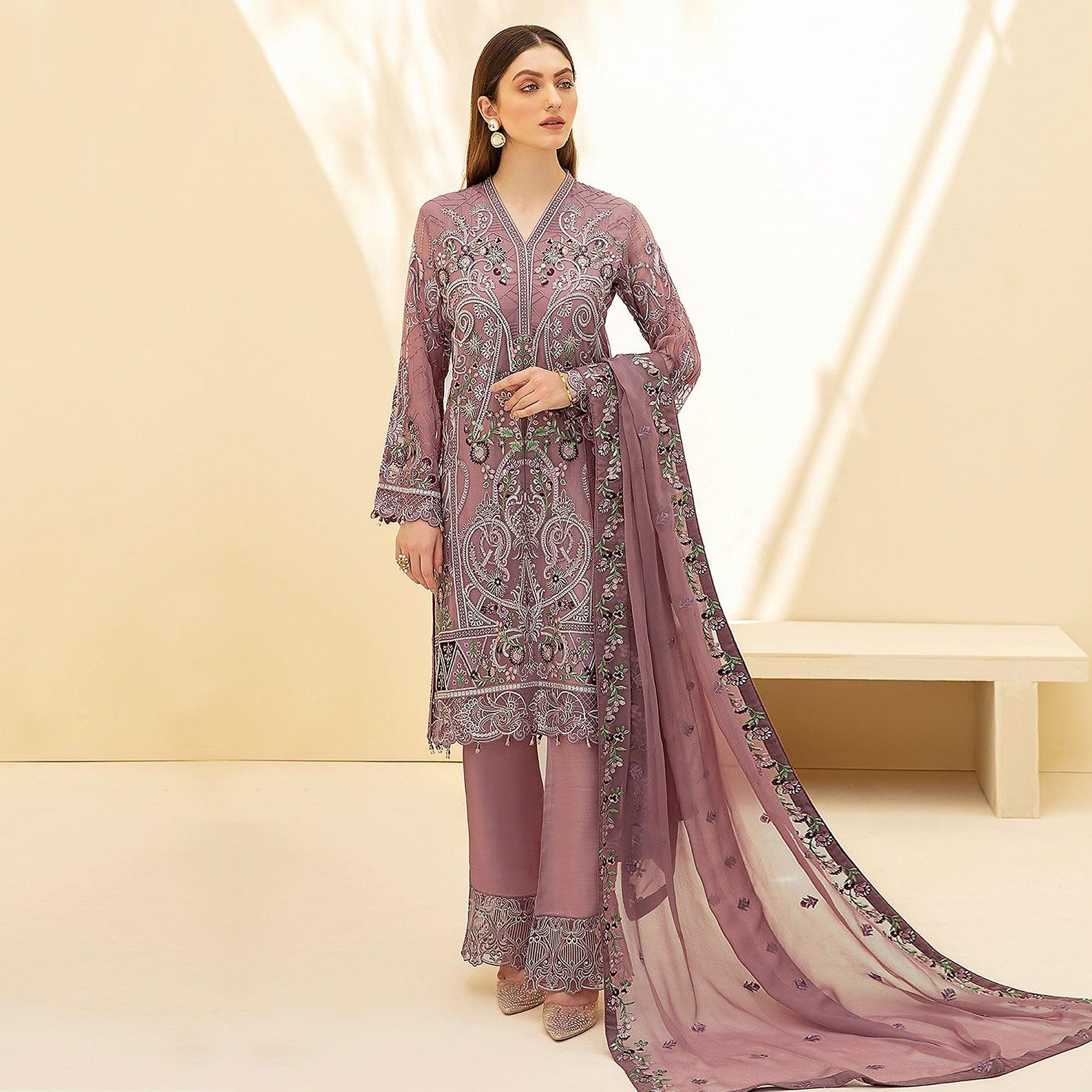 Mauve Embellished With Embroidered Georgette Palazzo Suit - Peachmode