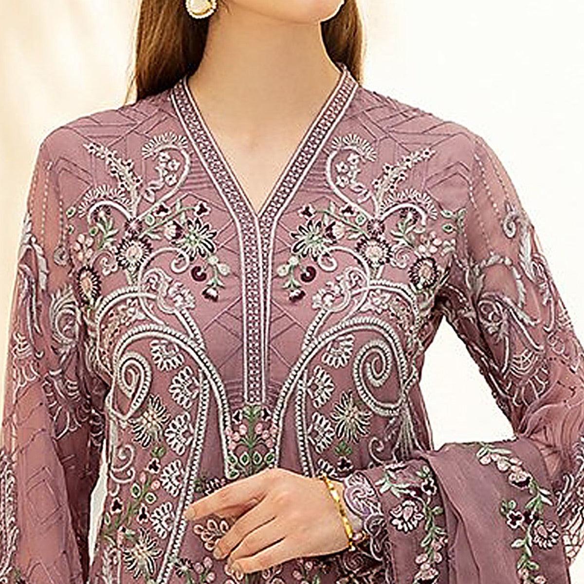 Mauve Embellished With Embroidered Georgette Palazzo Suit - Peachmode