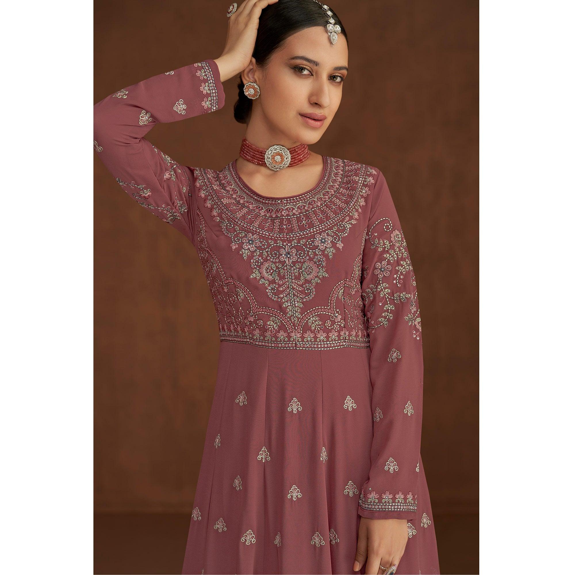 Mauve Embellished With Embroidered Georgette Palazzo Suit - Peachmode