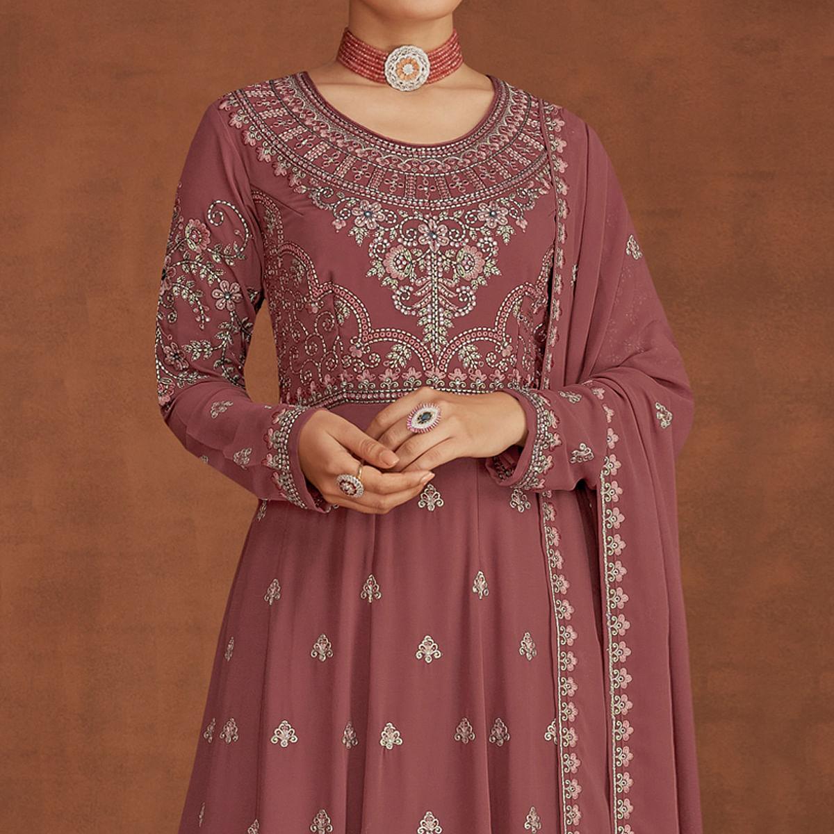 Mauve Embellished With Embroidered Georgette Palazzo Suit - Peachmode