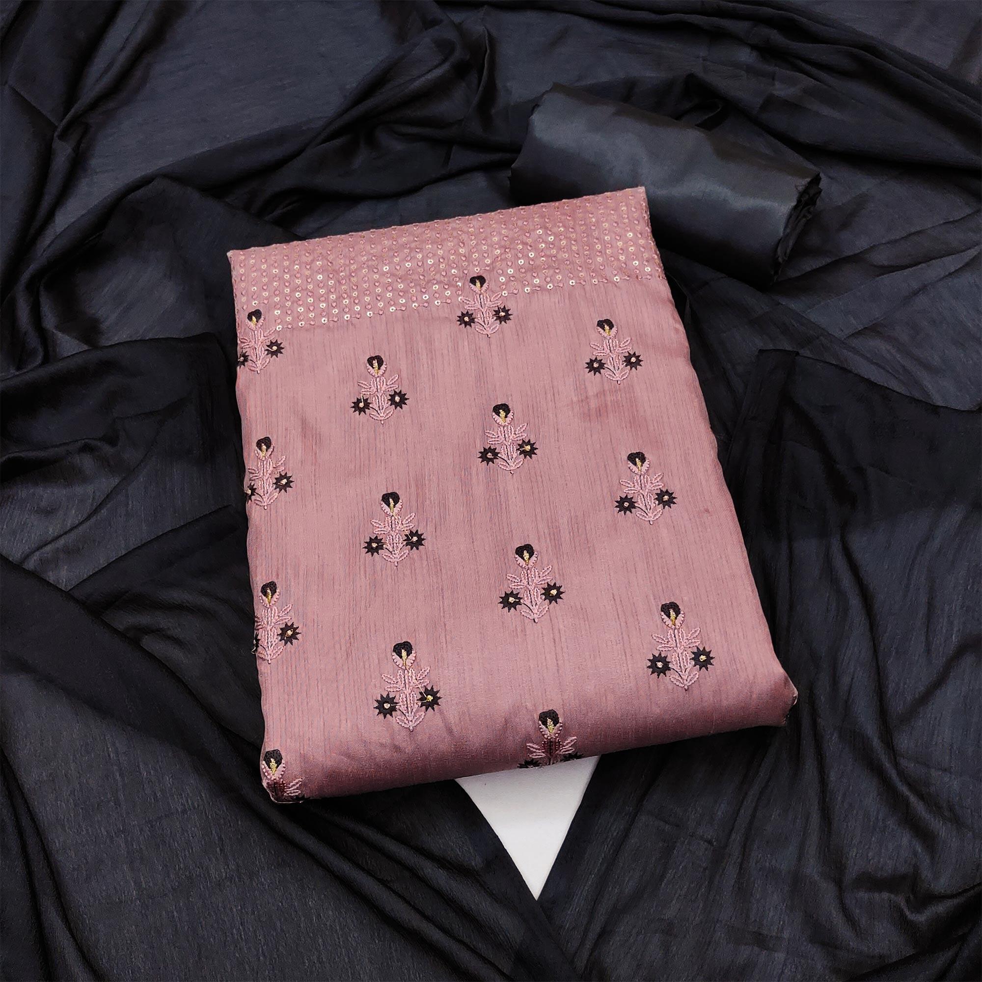 Mauve Embroidered Art Silk Dress Material - Peachmode