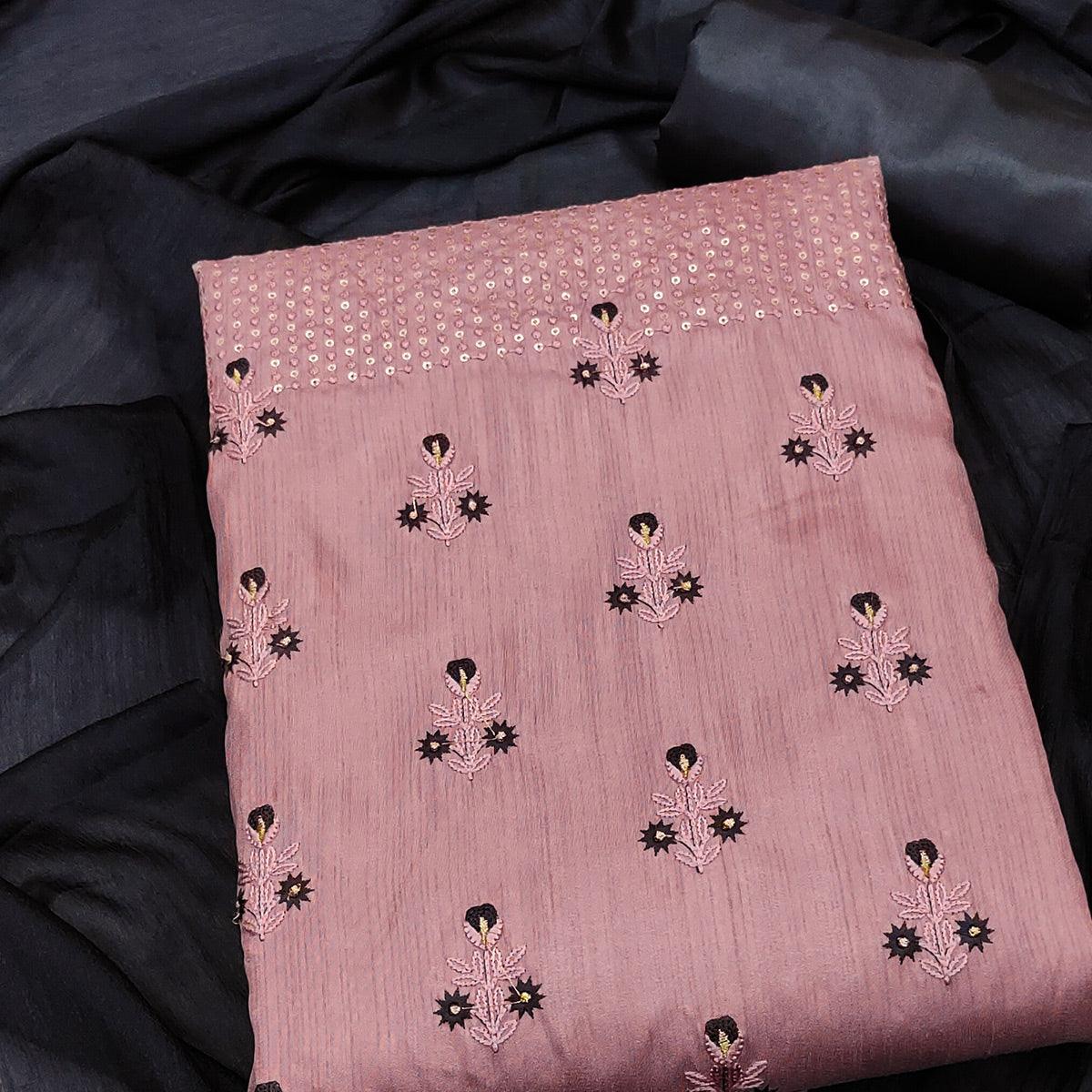 Mauve Embroidered Art Silk Dress Material - Peachmode