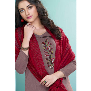 Mauve Embroidered Cotton Kurti Pant Set With Dupatta - Peachmode