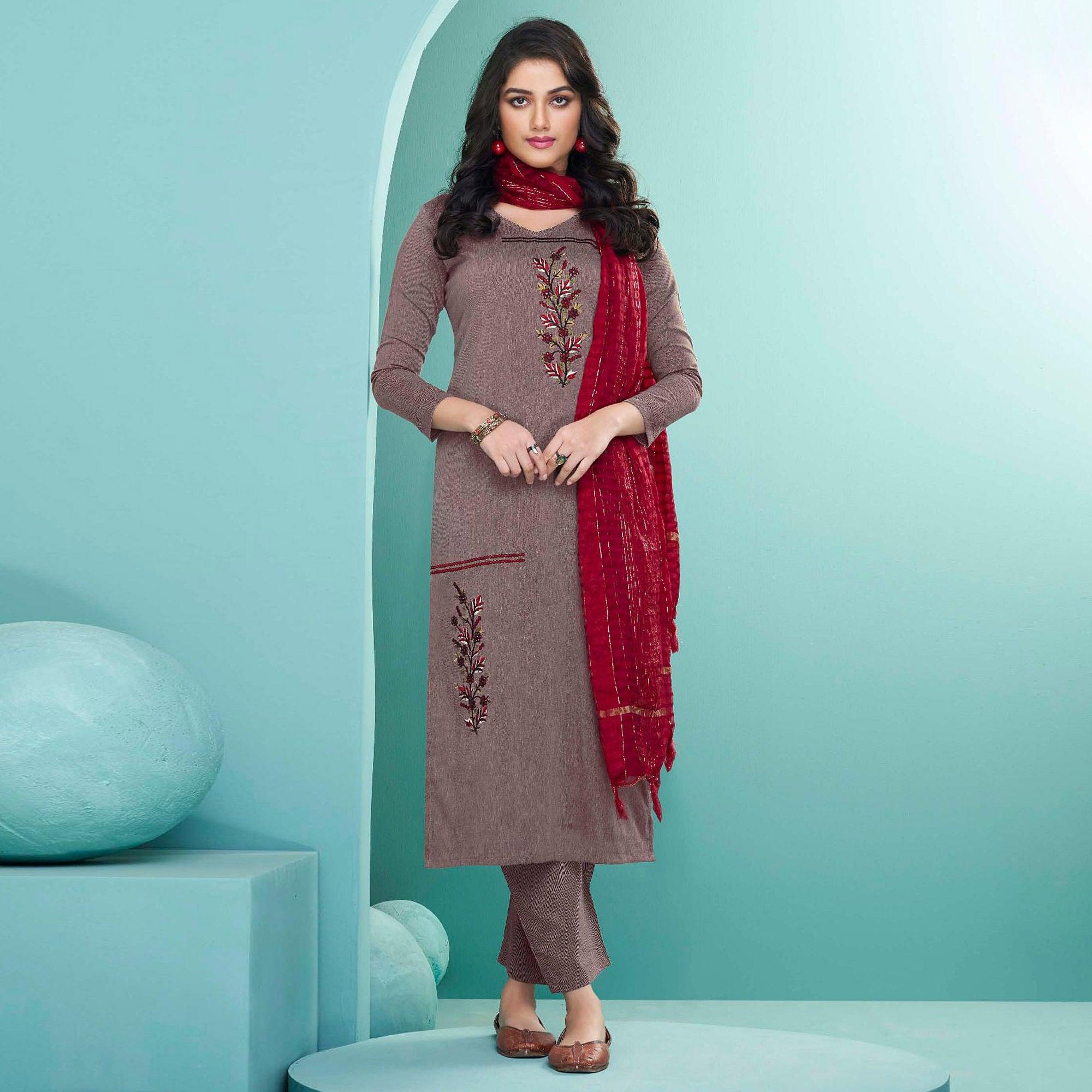 Mauve Embroidered Cotton Kurti Pant Set With Dupatta - Peachmode