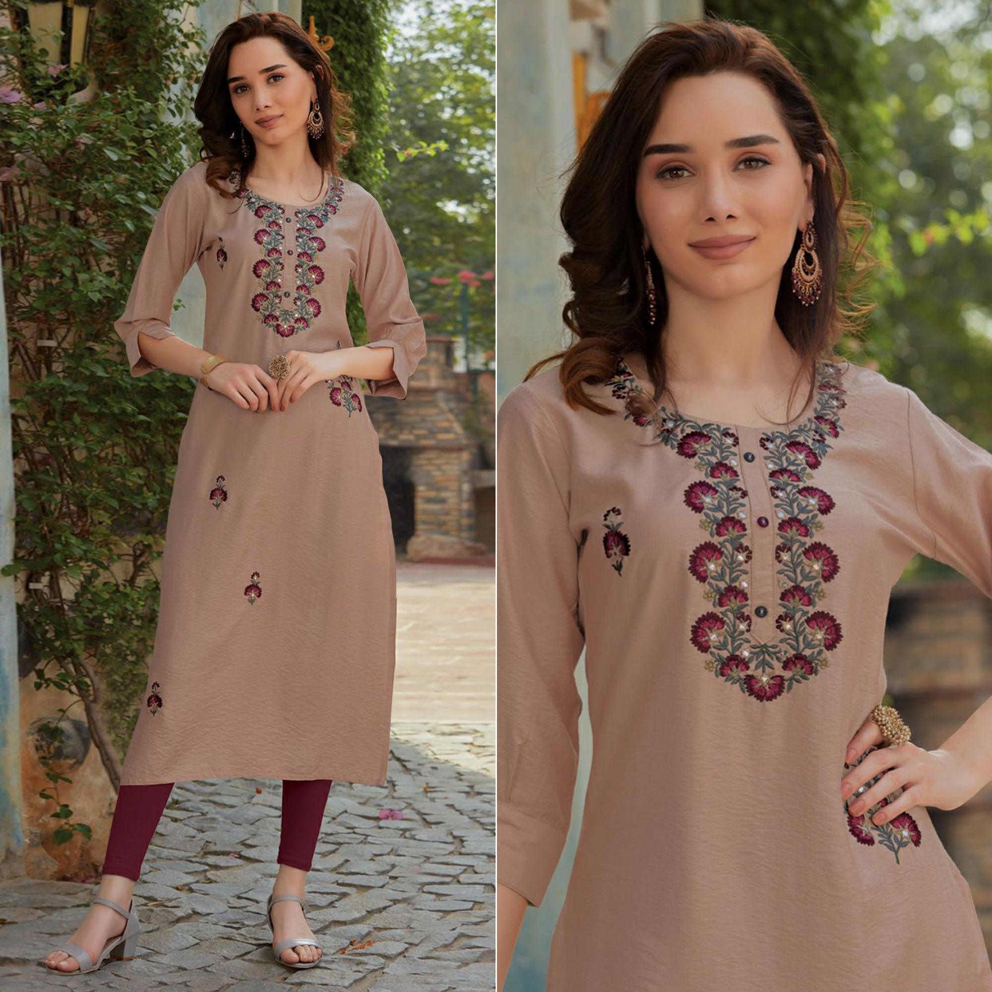 Mauve Embroidered Cotton Silk Kurti - Peachmode