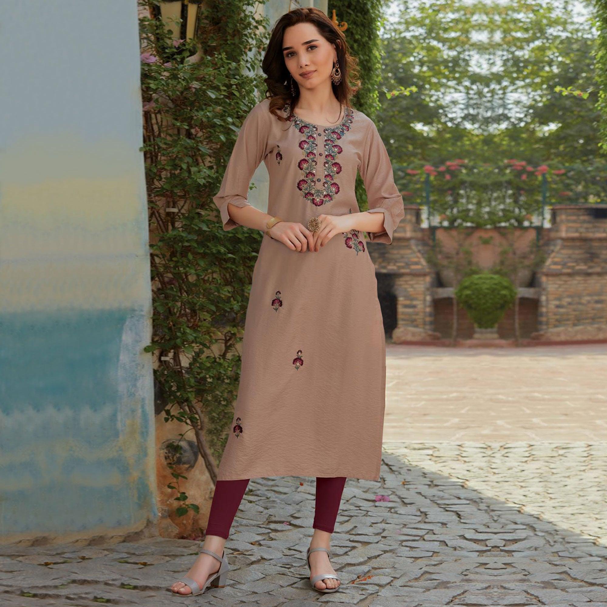 Mauve Embroidered Cotton Silk Kurti - Peachmode